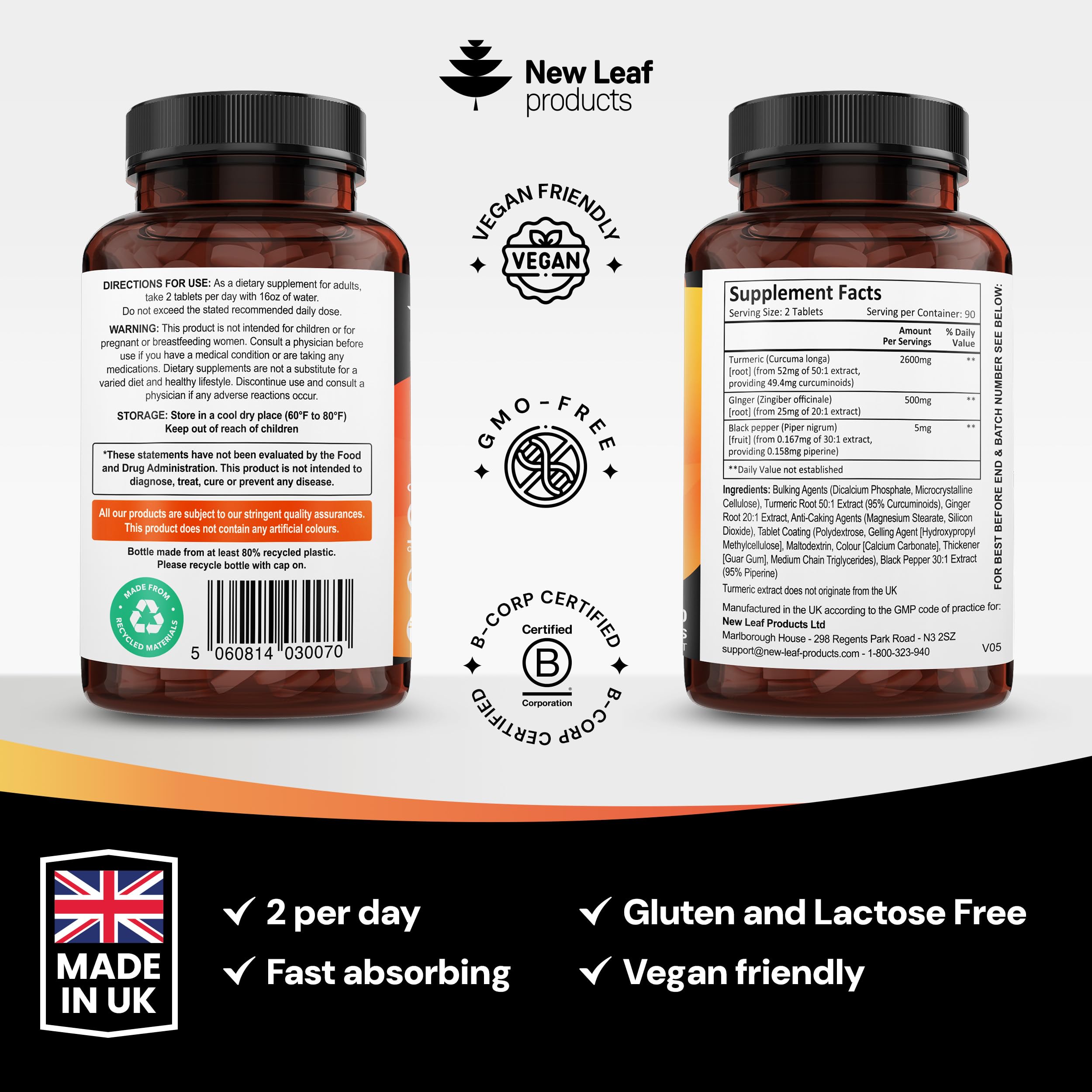 Turmeric Tablets with Black Pepper & Ginger - Curcumin - 180 Turmeric and Black Pepper Tablets (3 Month) High Strength Active Turmeric Supplements Not Capsules, by New Leaf — Amazon image 8
