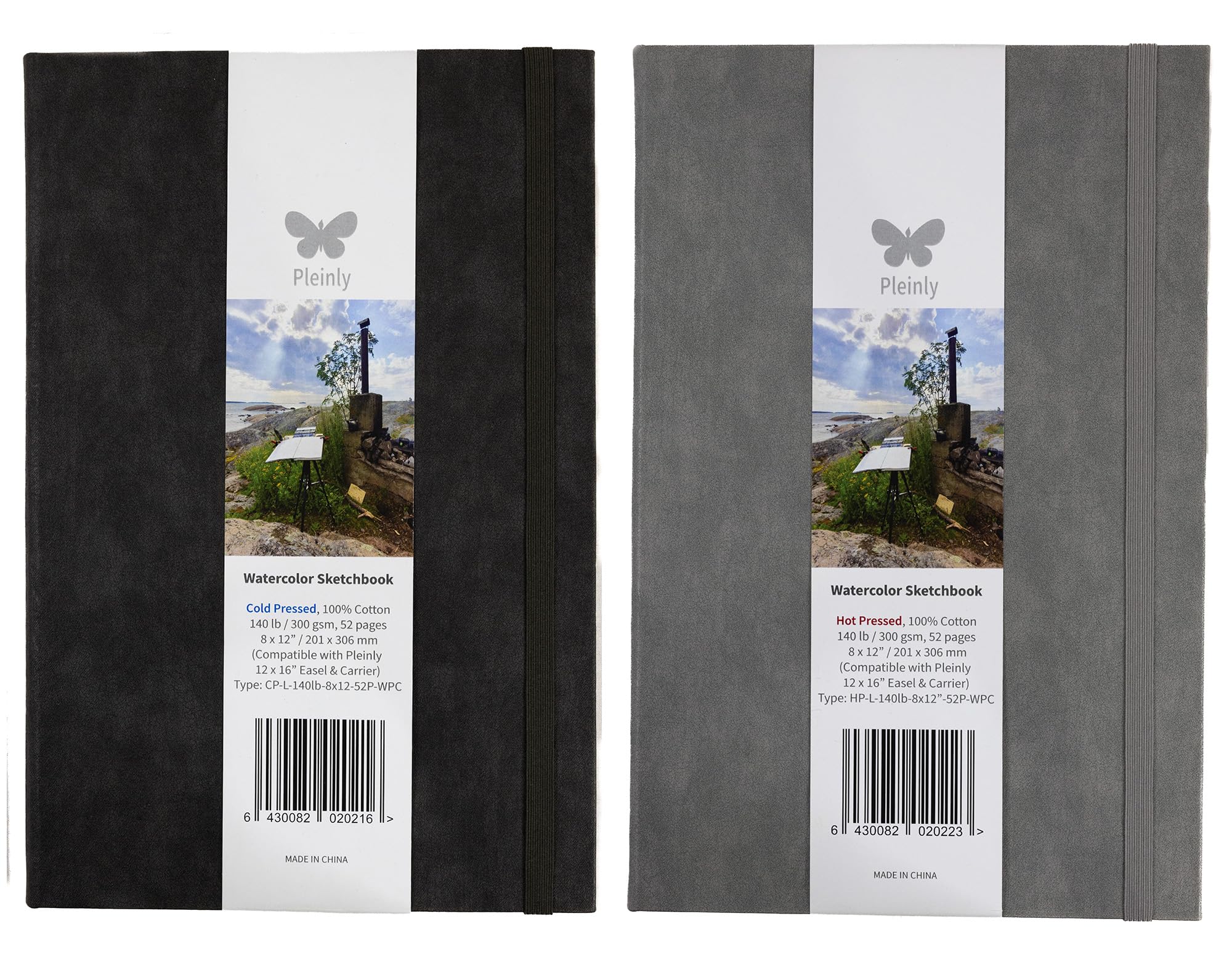 2 cuadernos de bocetos PLEINLY de acuarela 100% algodón HP y CP, papel tipo L, tamaño grande de 8 x 12 pulgadas, 140 libras/300 g/m², 2 x 52 páginas, vertical, cabe en un soporte de panel húmedo, tapa
