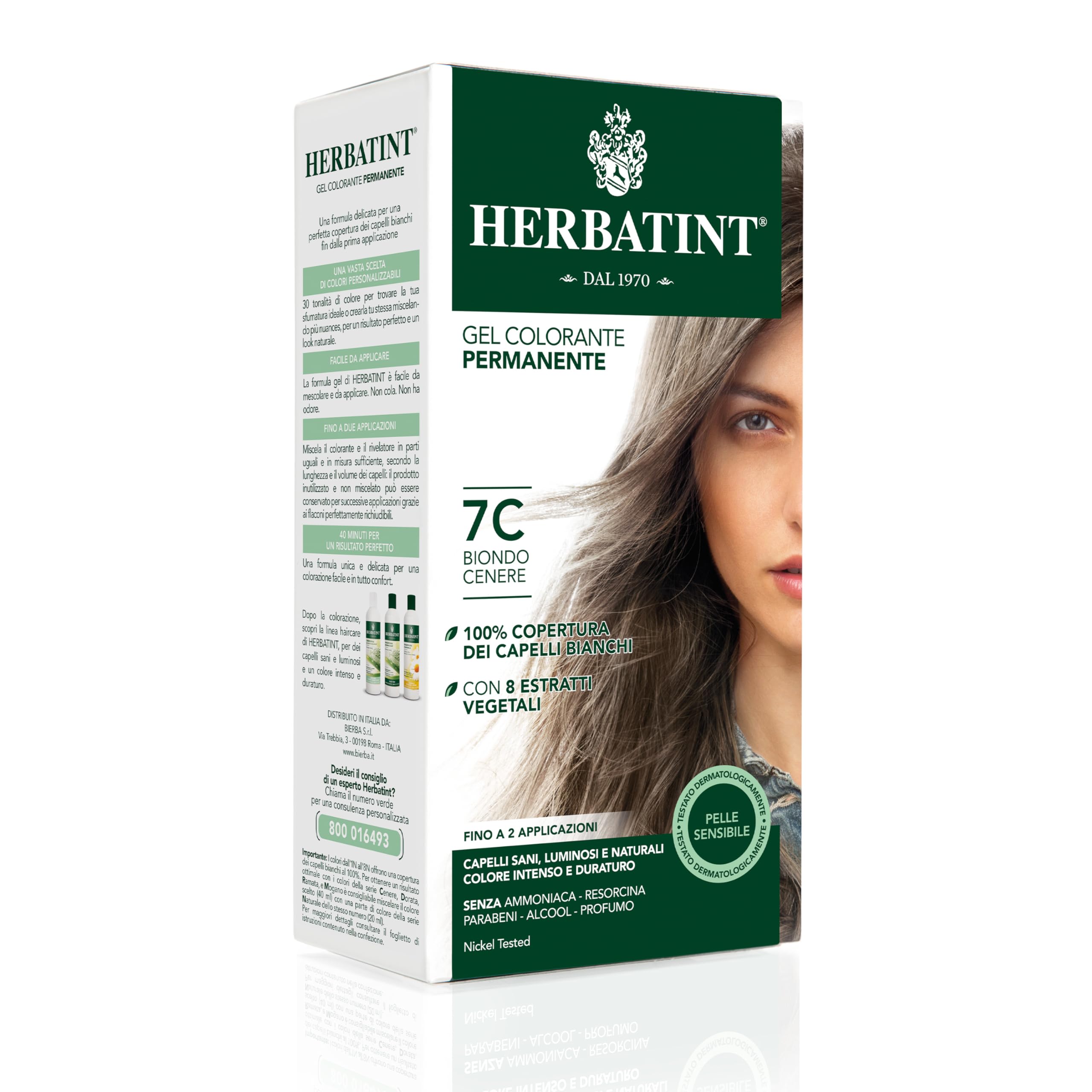 Herbatint Gel Colorante Permanente Per Capelli 7C Biondo Cenere- 150 Ml, Senza Ammoniaca, 100% Copertura Capelli Bianchi, Per Pelli Sensibili, Con 8 Estratti Naturali Bio-image