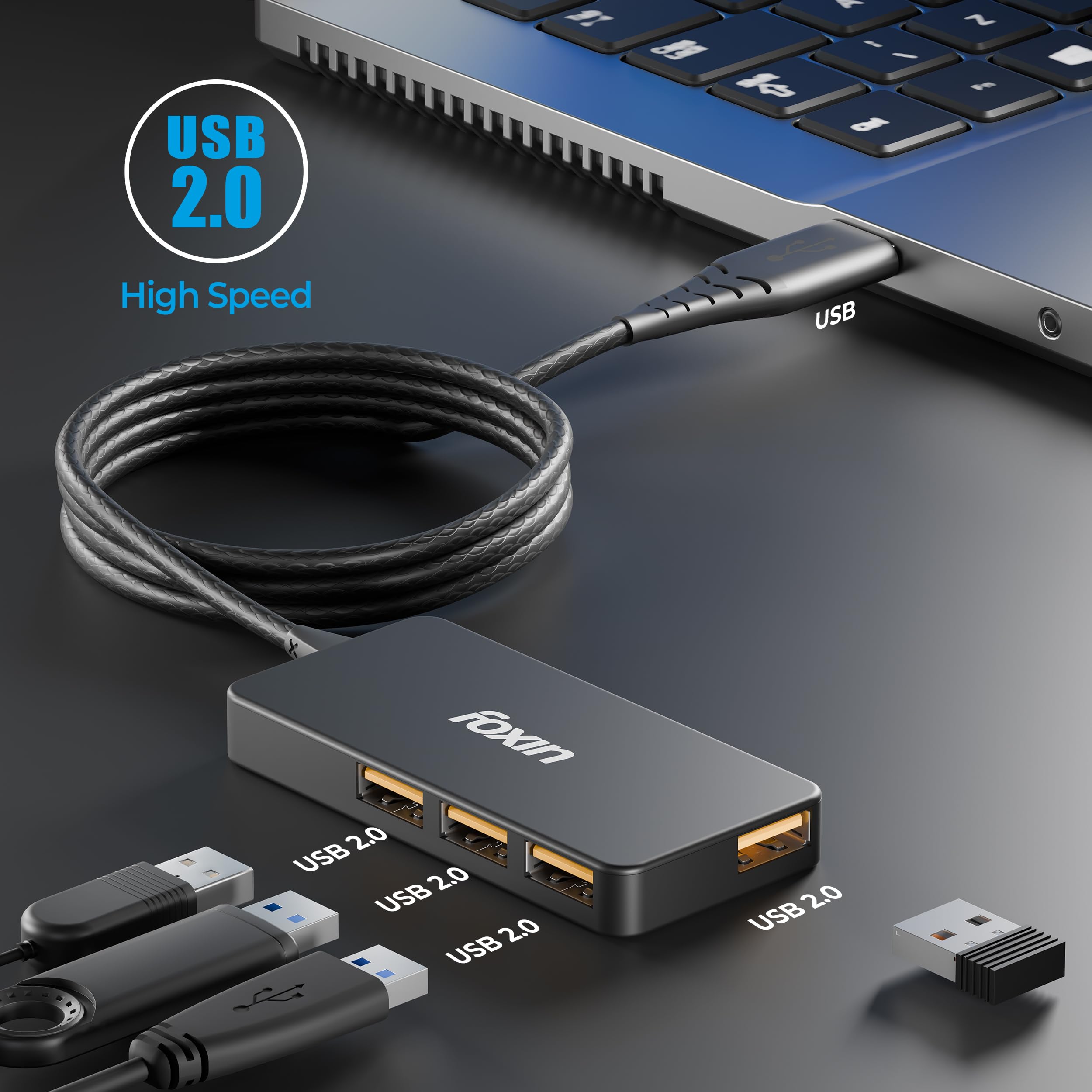 Foxin 4-in-1 USB Hub Ultra Slim | 4 x USB Ports with 1.5 Meter Cable | 480 Mbps Transfer Speed | Multi USB Port Connector for Laptop, PC, Mac | Plug & Play Multiport Adapter - FUH 002 — Amazon image 4