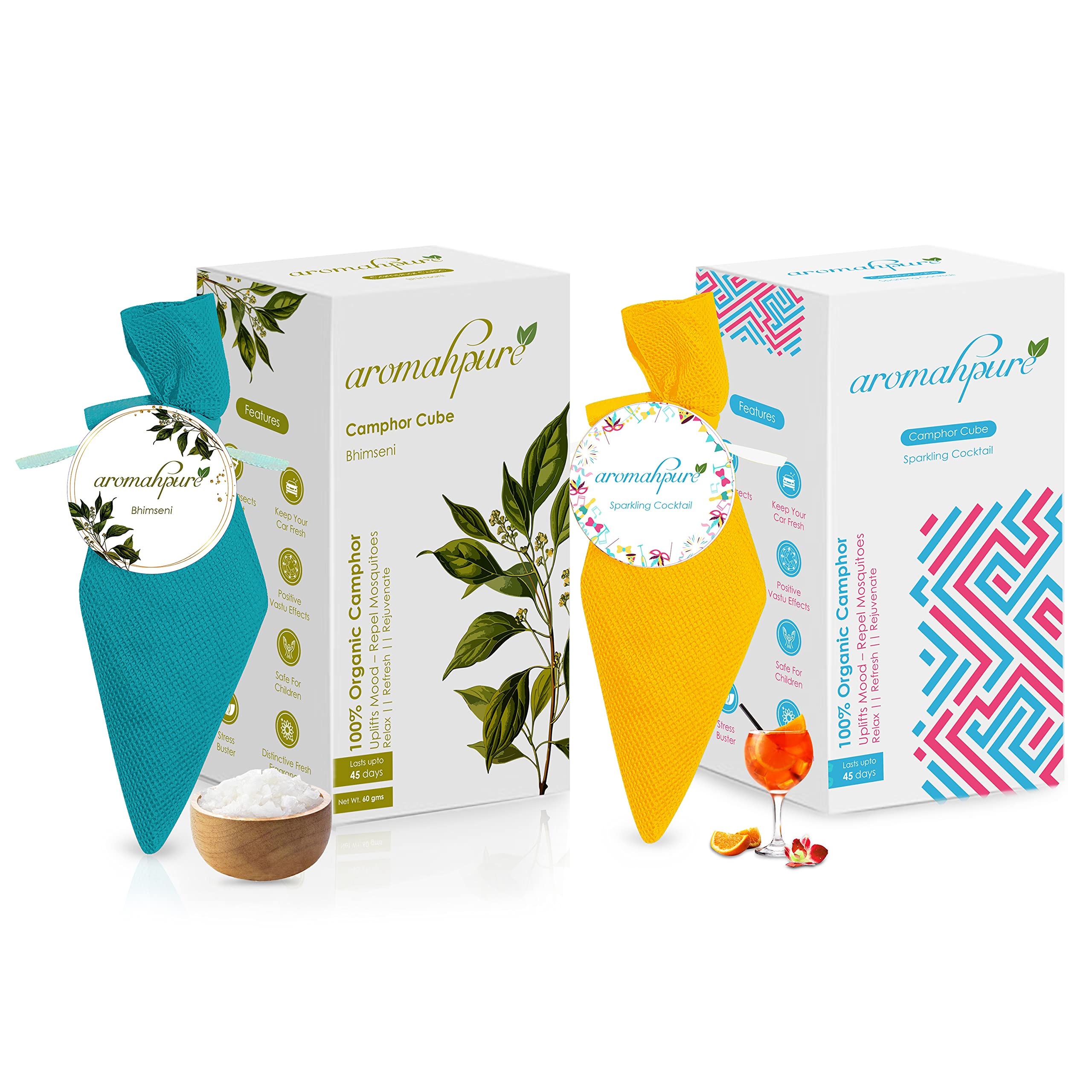 AromahpureCamphor Cube | Pack of 2| Sparkling Cocktail & Bhimseni Fragrance | 45 Days Last Long| 100% Pure & Organic Camphor Cube for Car, Room, Bathroom & Air Freshener