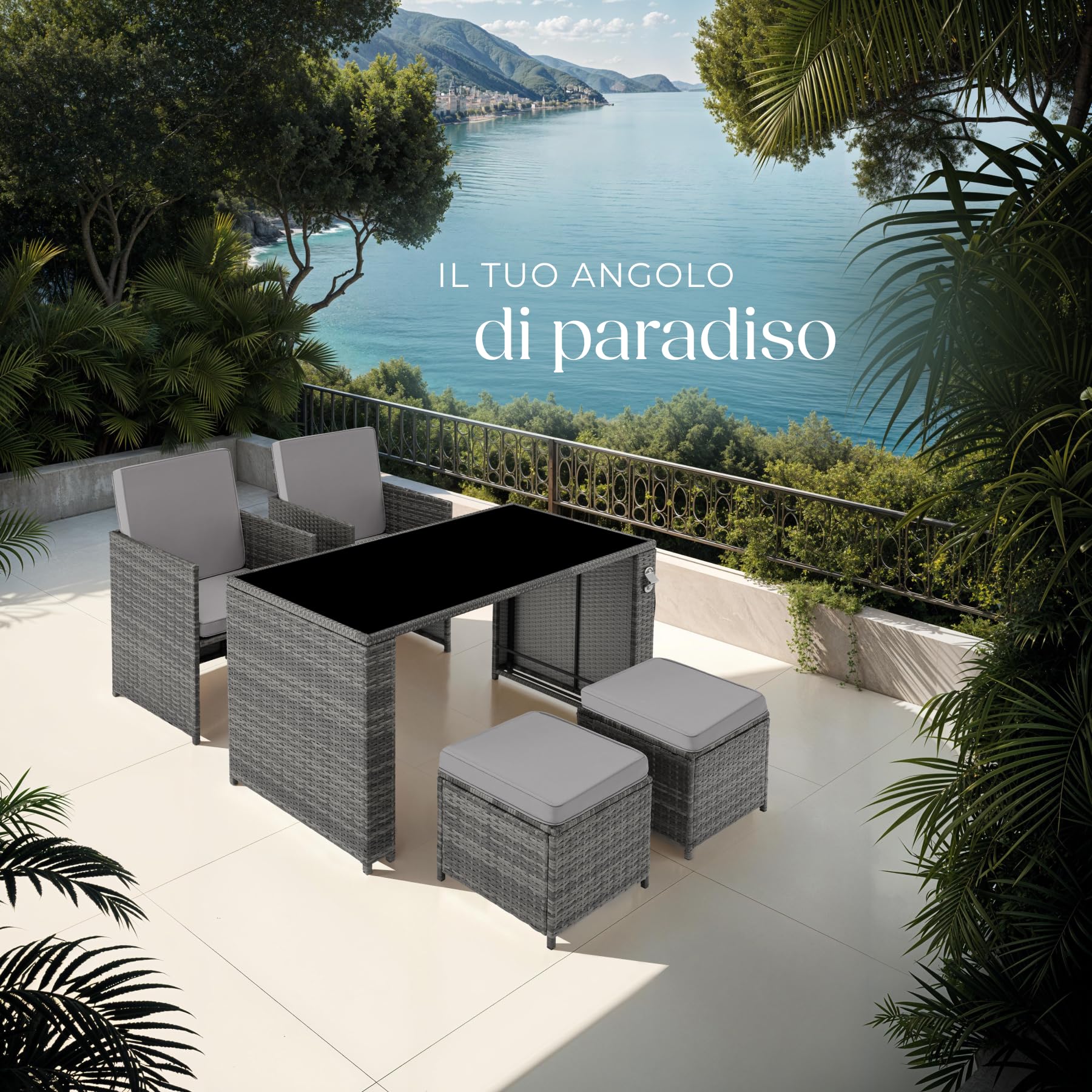 Tectake Salottino Rattan Palermo Set Sedie Cuscini Tavolino Vetro Grigio