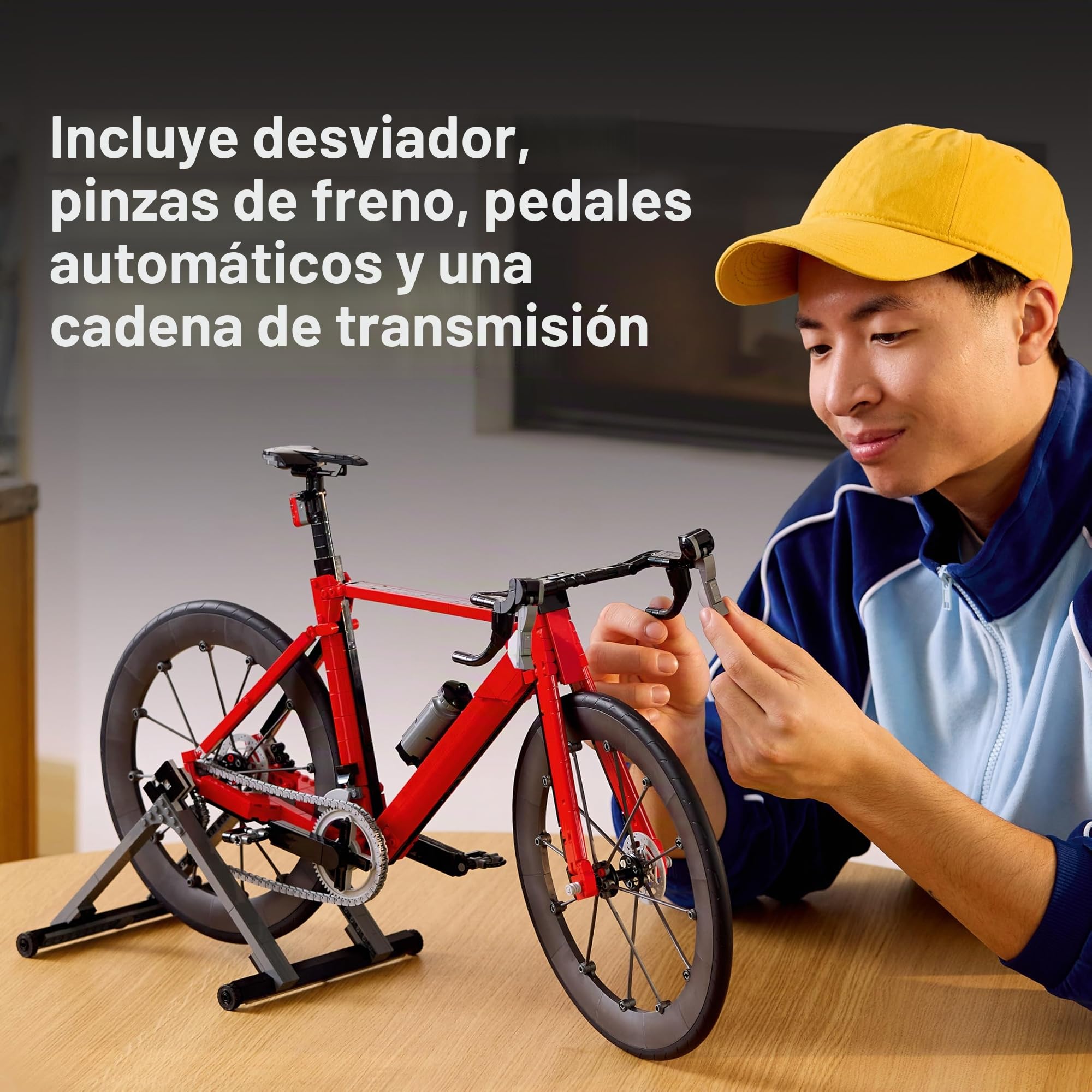 BRICK Flip Bicicleta de carreras LEGO - Bicicleta LEGO 11380 con azulejos impresos, iconos Legorad con neumáticos de goma, engranajes y soporte de rueda trasera como escritorio