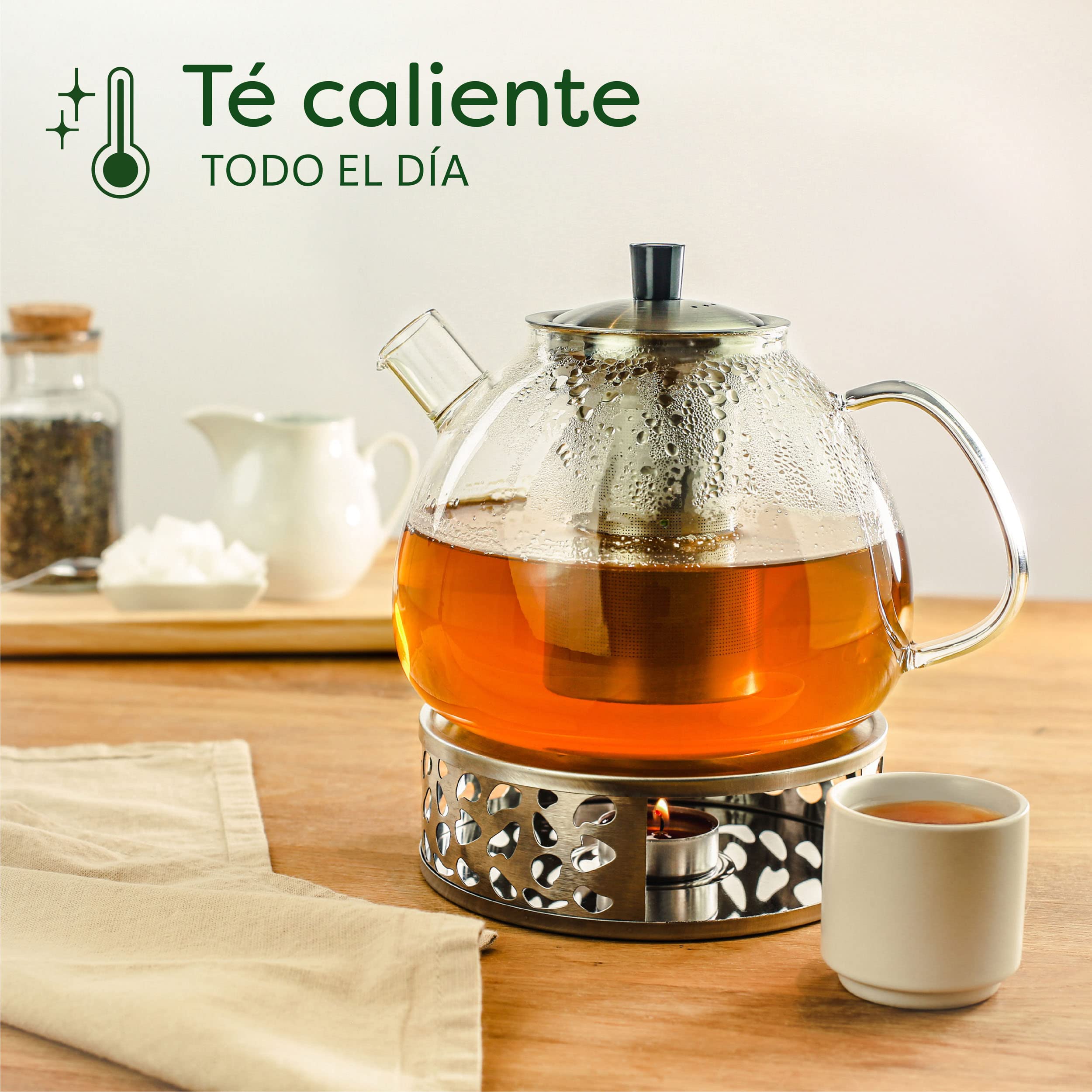 Cosumy Tetera de Cristal con Calentador de Vela - 1.5l - Con Filtro - Apta para Lavavajillas - resistente al calor