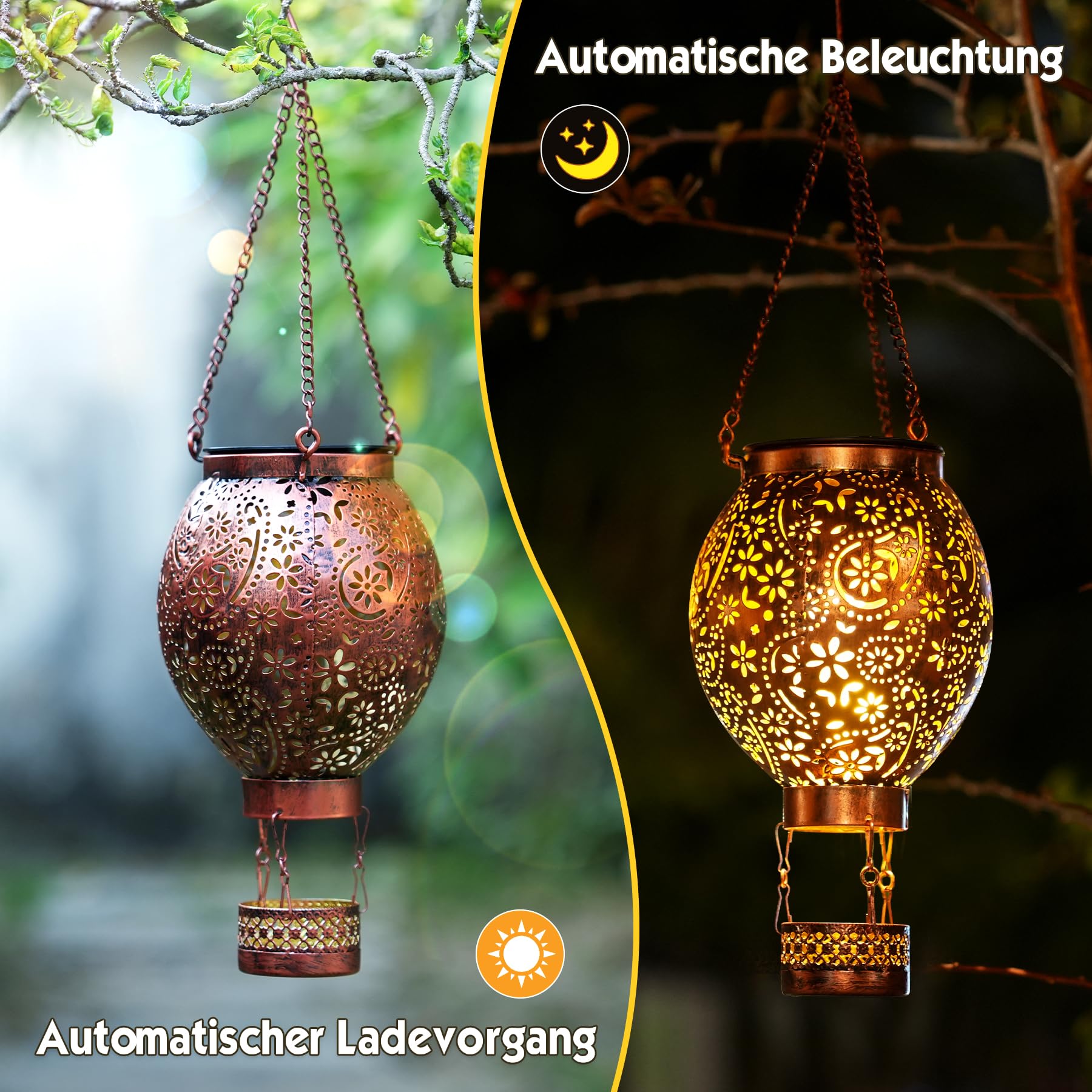 Lot de 2 lanternes solaires d'extérieur IP65 étanches en métal pour l'extérieur - Lampes solaires orientales pour extérieur, jardin, balcon, terrasse, pelouse, cadeaux (montgolfière)