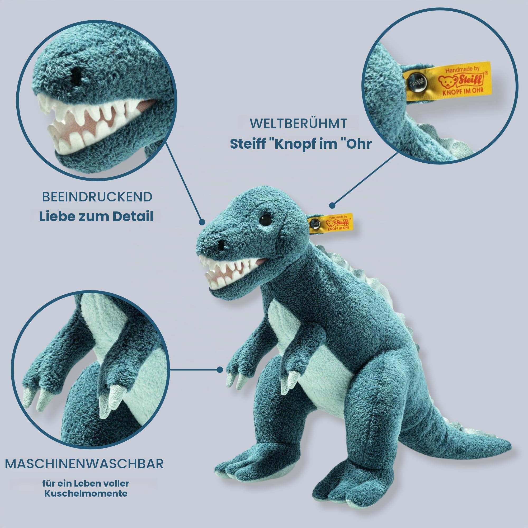 Steiff 067129 Thaisen T-Rex Dino - 35 cm - Kuscheltier - Tuerkis, Aegean Blue