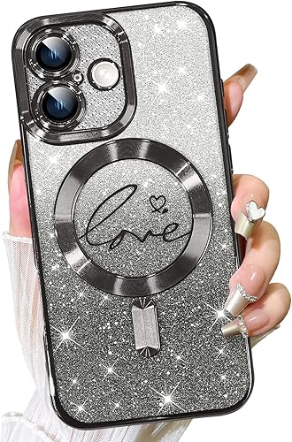 Vista 256 de Fiyart - Funda transparente magnética con purpurina para iPhone 12 para mujeres, con grabado "Love" metálico, protección para cámara y antigolpes