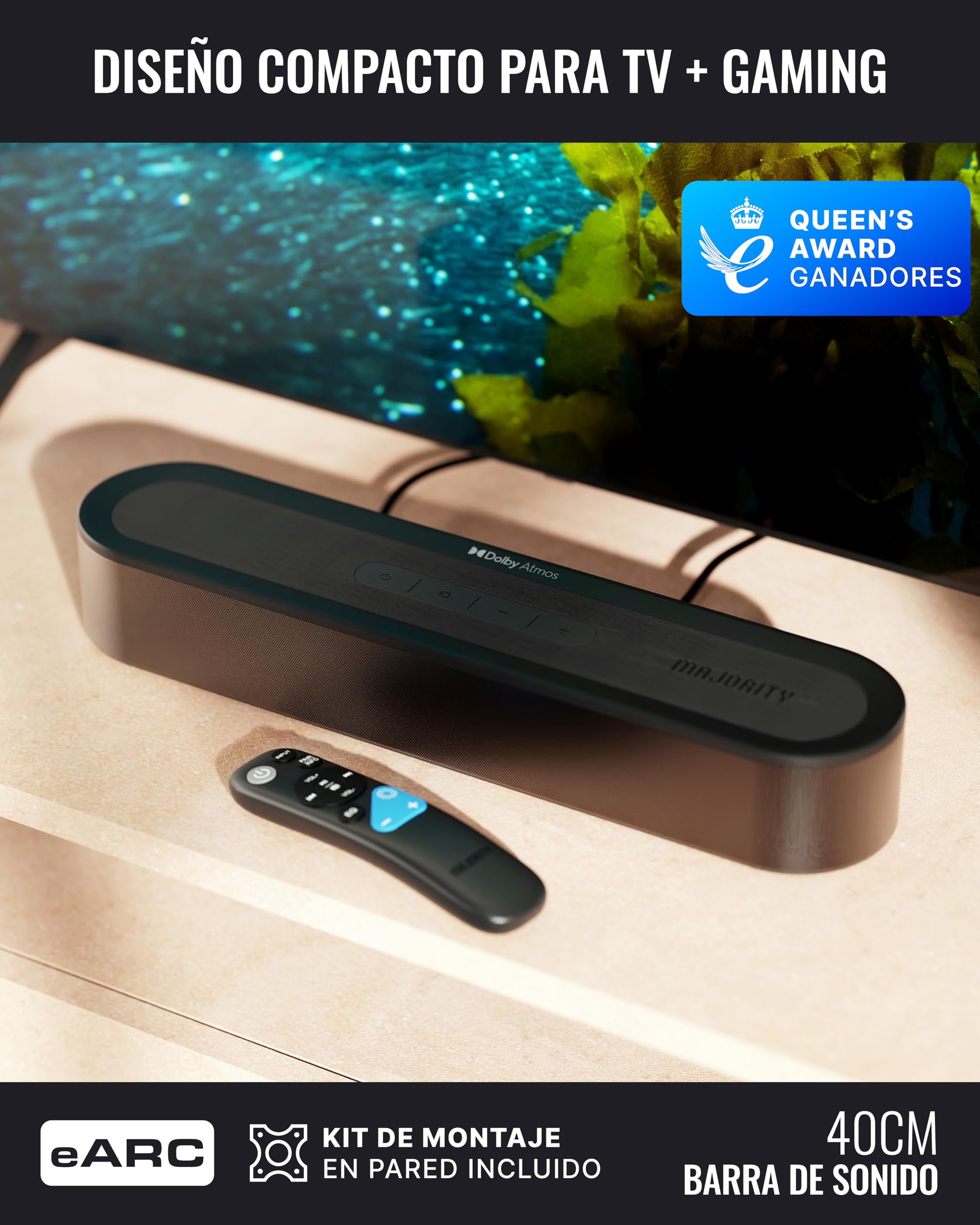 MAJORITY Bowfell Axis Atmos Barra de Sonido TV | 200W Home Cinema Soundbar con Subwoofer | 2.1 Dolby Atmos Altavoces para TV con HDMI eARC | Barra de Sonido PC Bluetooth 5.3 | Teatro en Casa Sound Bar