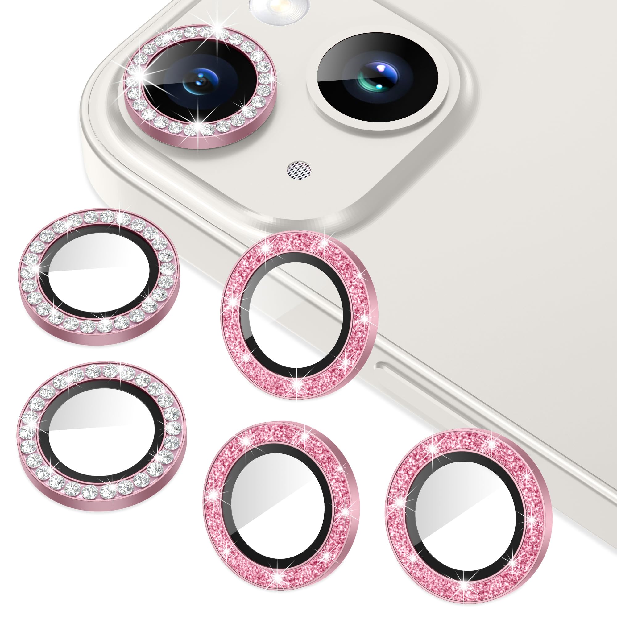 AGVEE 3+3 6 Pack for iPhone 14 6.1" / 14 Plus 6.7" Camera Lens Protector, Bling Diamond & Bling Glitter Metal Ring 9H Tempered HD Glass Camera Cover