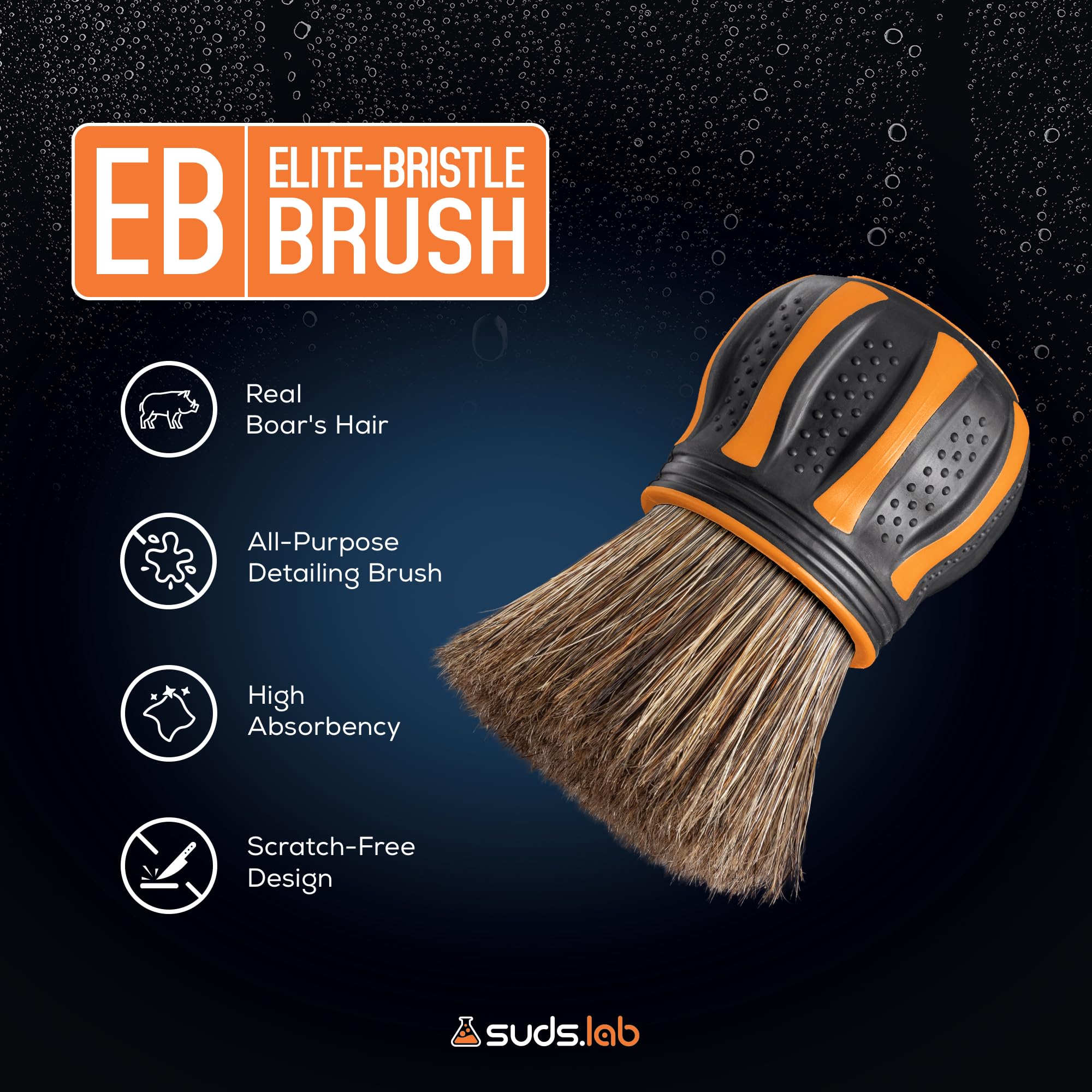 Suds Lab Elite - Cepillo de pelo de jabalí para detalles de coche, limpieza profunda con soporte, sin metal, herramienta de detalles de alta absorción para interiores y exteriores sin arañazos