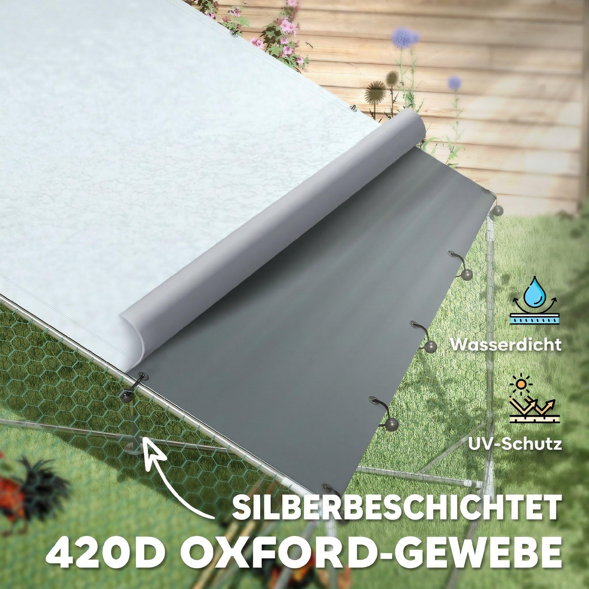PawHut Pollaio con recinto 3x4x2m per 12-18 galline Argento