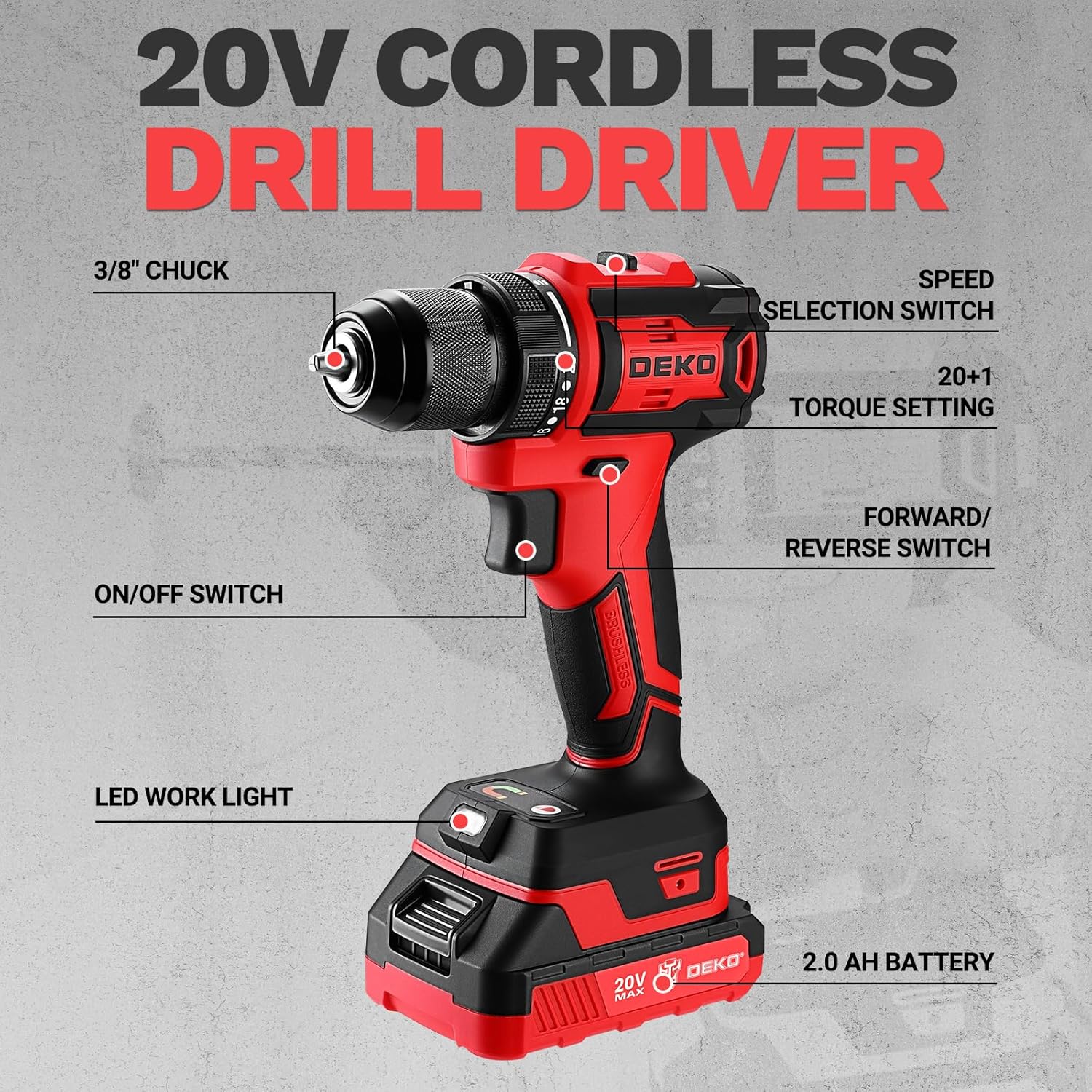 Cordless Drill & Impact Driver: DEKOPRO 20V Brushless Power Drill and 20V Brushless Impact Driver Set, Power Tool Set with 2x2.0Ah Batteries, Charger, Bag & 52xAccessories-Red