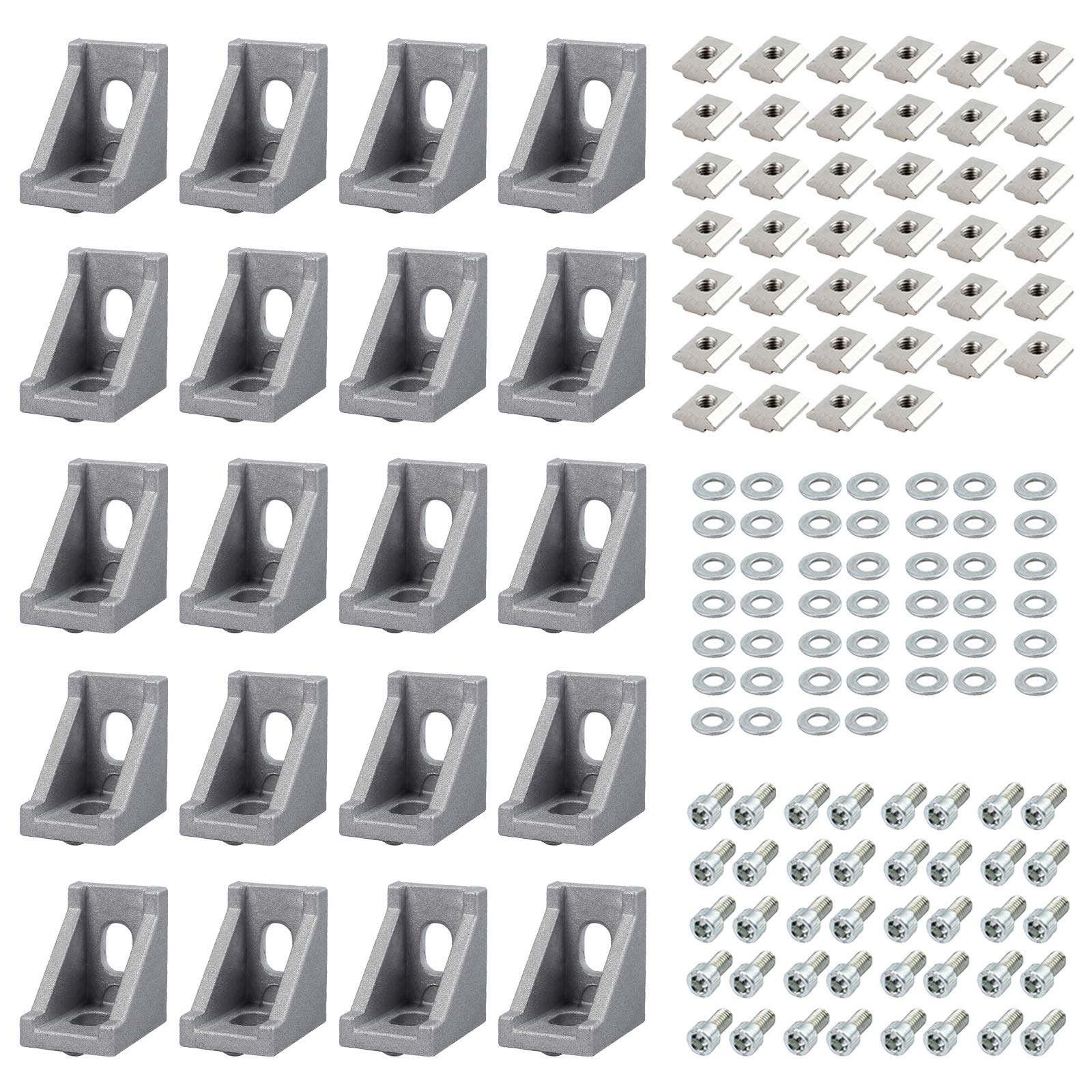 EYPINS 20 Pcs 2020 Aluminum Extrusion Angle Mounting Brackets, 90 Degree Corner Connector 2020 Extrusion Profile L-shape Angle Joint Brace Brackets with 6mm Slots, M6 Hexagon Screws and T-Nuts