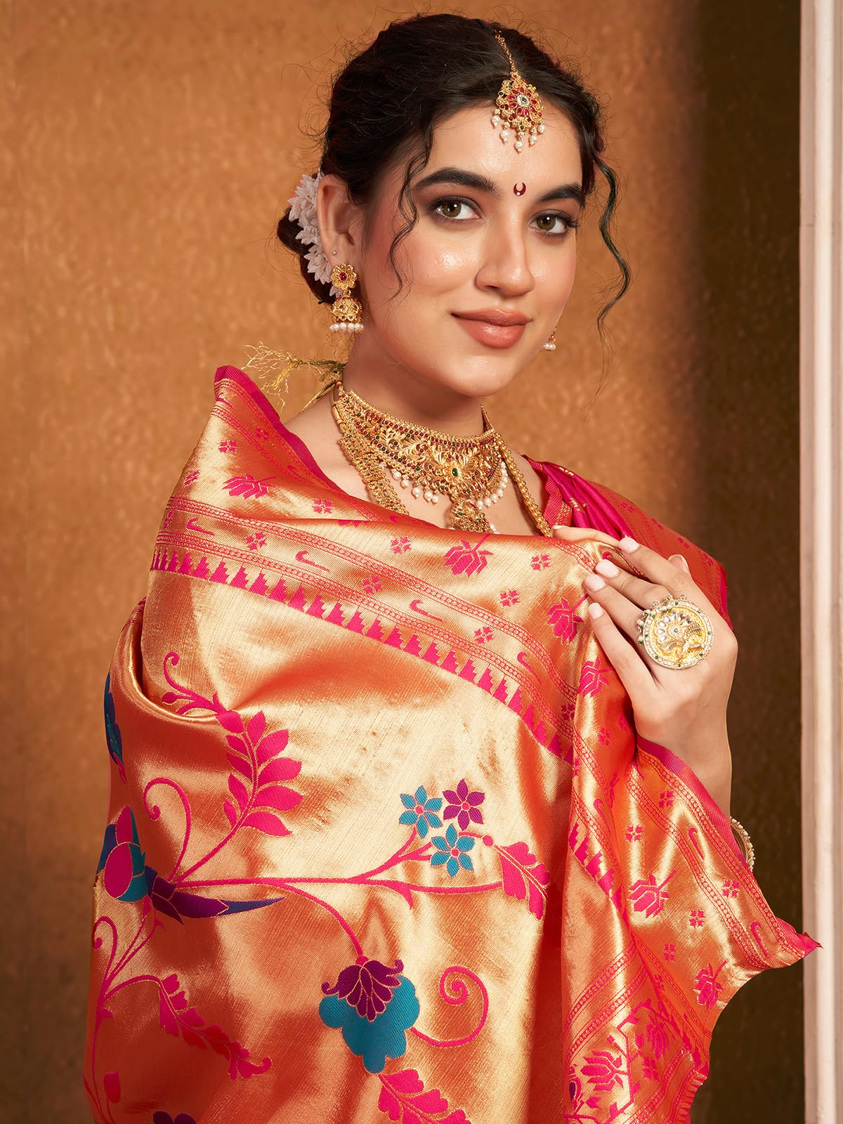 Satrani Women's Silk Paithani Jacquard Weaving Saree With Unstitched Blouse Piece (4046S6300N_Rani Pink)