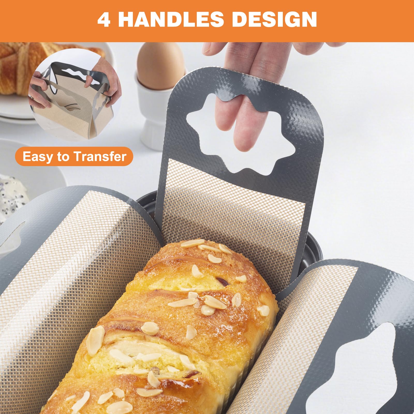 Paquete de 2 forros de silicona para pan, tapete reutilizable de silicona de grado alimenticio, elevadores antiadherentes, herramienta de transferencia de masa con 4 asas, para moldes de pan de 9 x 5