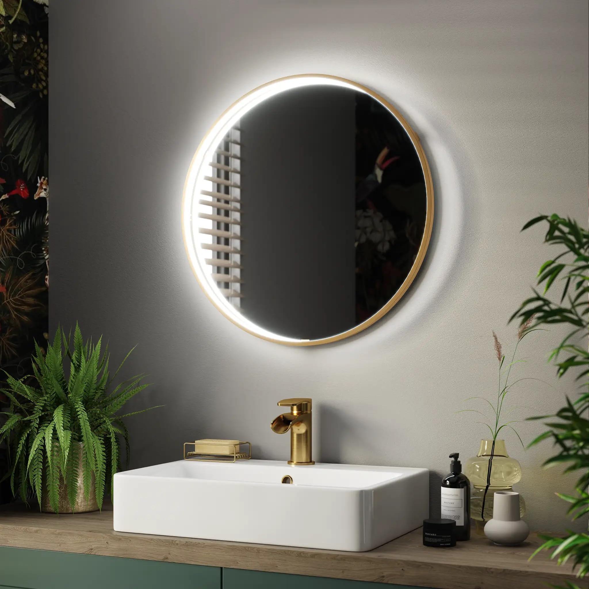 Pebble Grey Brushed Brass Illuminated Bathroom Mirror with LED Lights 600mm IP44 Rated - Luna Round 3 Colour Dimmable LED Bathroom Mirrors with Lights, Demister Pad,& Touch Sensor, Aluminium Framed