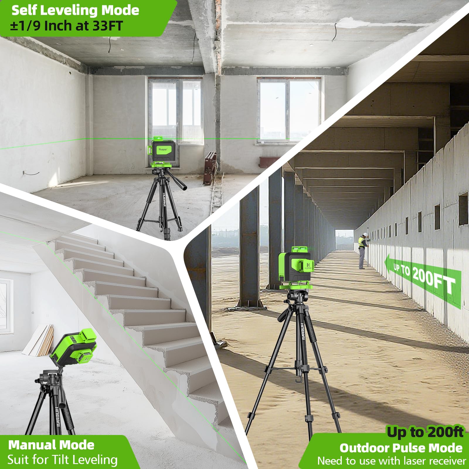 Livella Laser con Treppiede Huepar,Livella Laser Autolivellante 16 Linee Verde,4 * 360°livello Laser con Batterie Ricaricabili, Telecomando,Borsa per il trasporto, IP54 Impermeabile Antipolvere