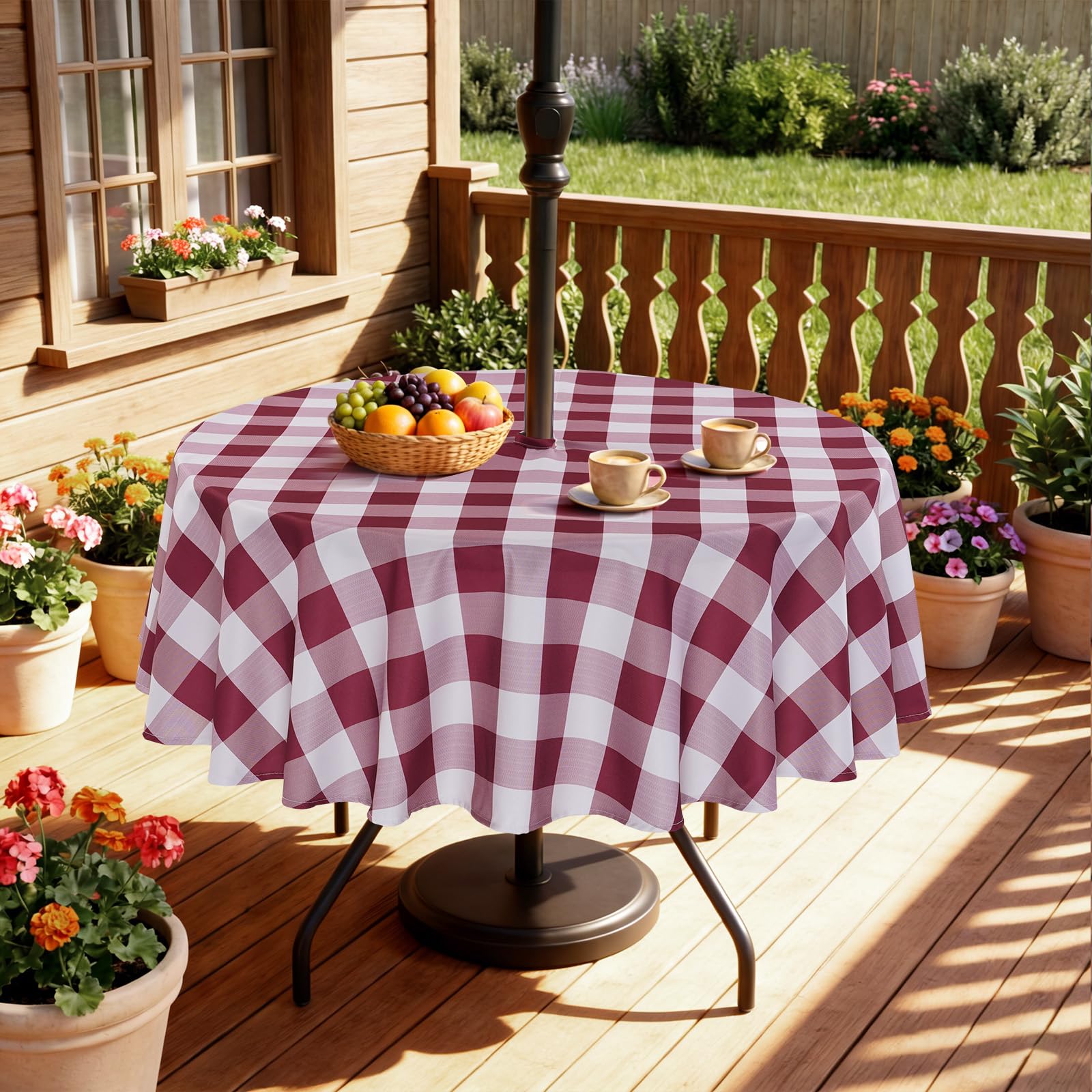 Eternal Beauty 60" Round Tablecloth Waterproof Outdoor Tablecloth with Umbrella Hole Zipper for Spring Summer Patio Picnic Tables, Burgundy Red Check, 60" Round