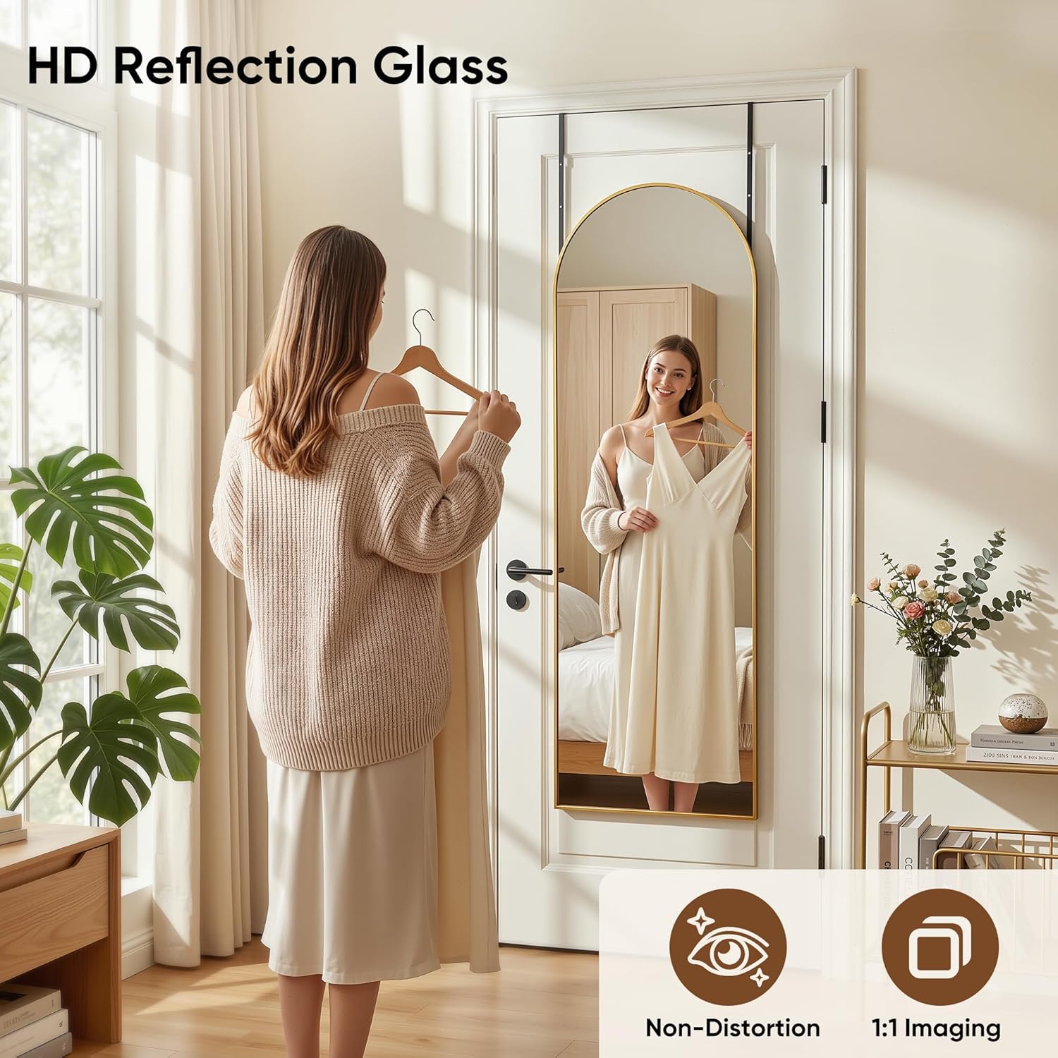 58"x20" Over The Door Mirror, Arched Full Length Mirror with Aluminum Frame, Adjustable Hooks, Wall Mounted or Standing for Bedroom Living Room, Gold