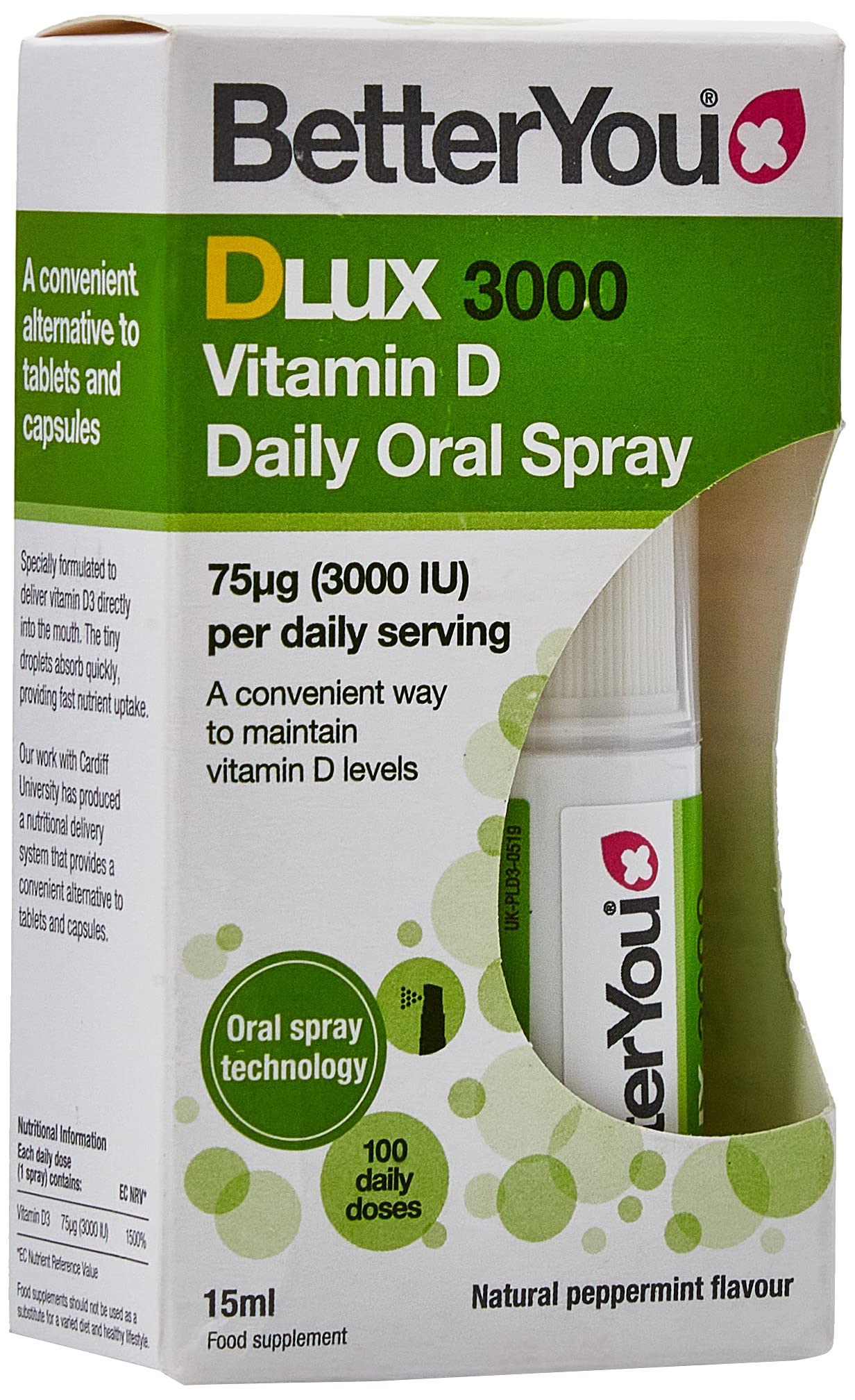 BetterYou D3000 Vitamin D Daily Oral Spray 3000 IU (75 UG) of Vitamin