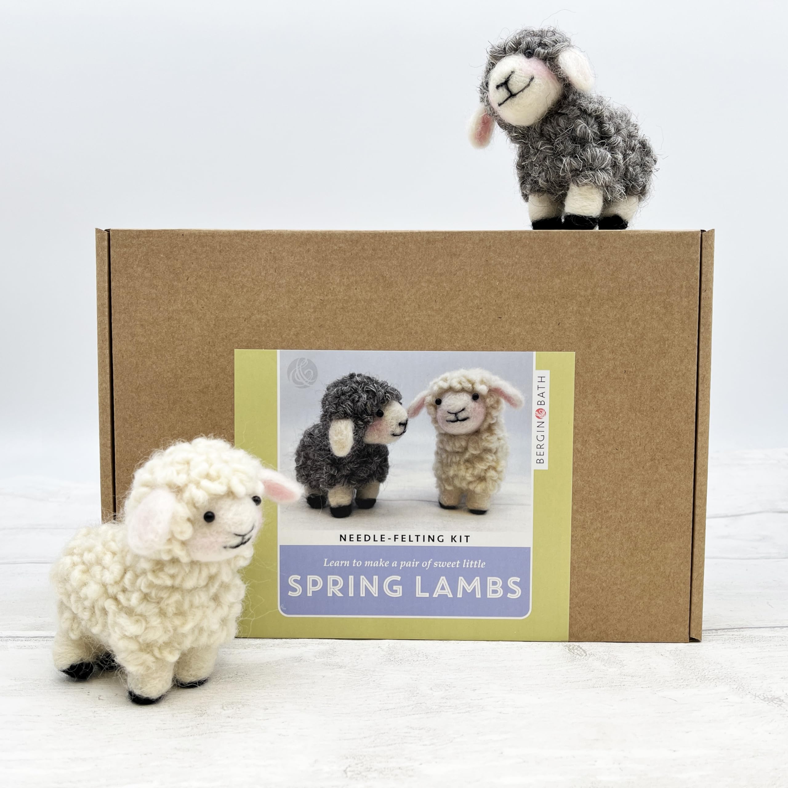 Bergin & Bath Beginner Needle Felting Kit, Spring Lambs. Make Two Woolly Sheep. Easter Adult Craft Kit (No Felting Mat)
