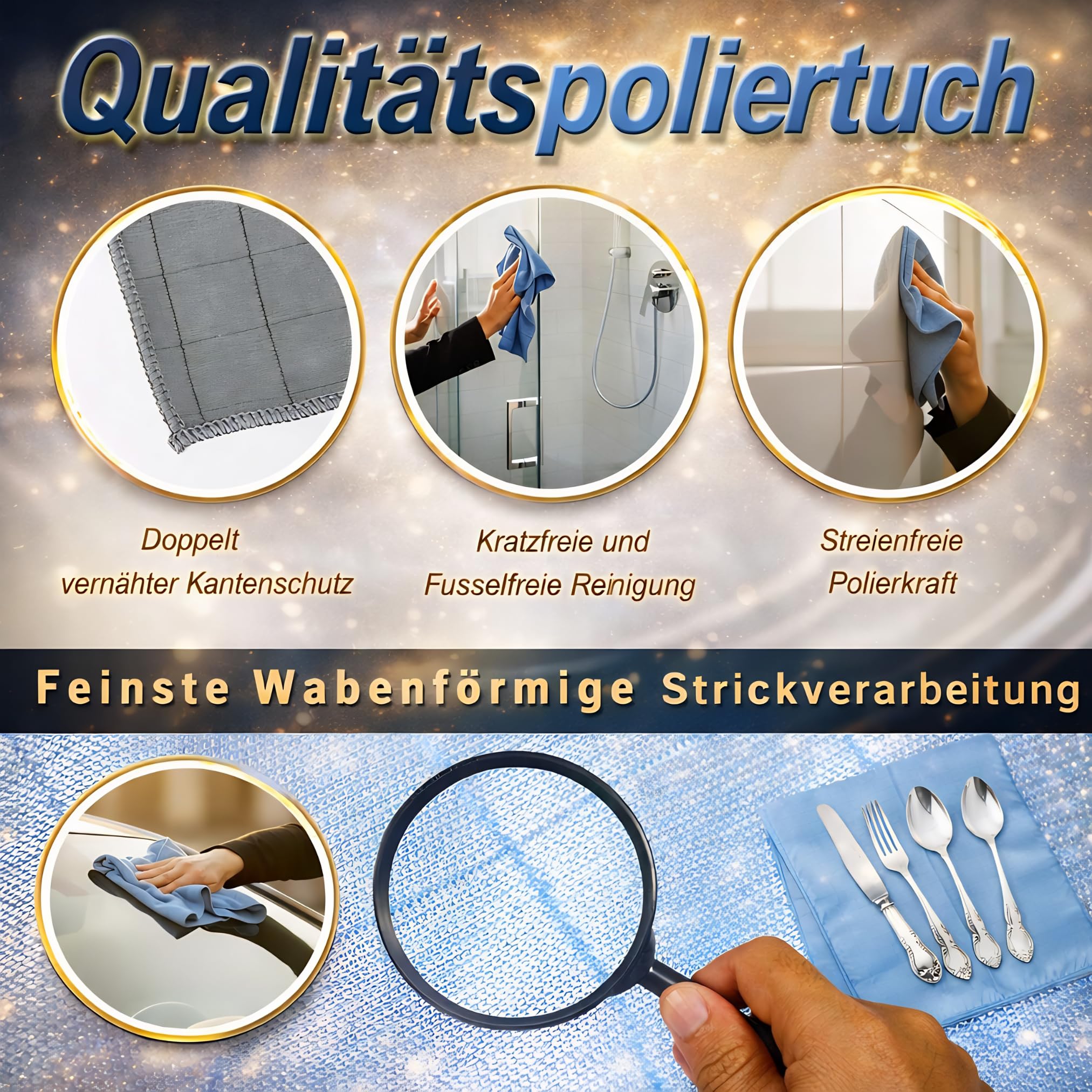 Set di 20 panni per lucidare vetri in microfibra blu, senza pelucchi, senza lasciare aloni, antigraffio, per specchi e superfici lucide, circa 50 – 60 cm