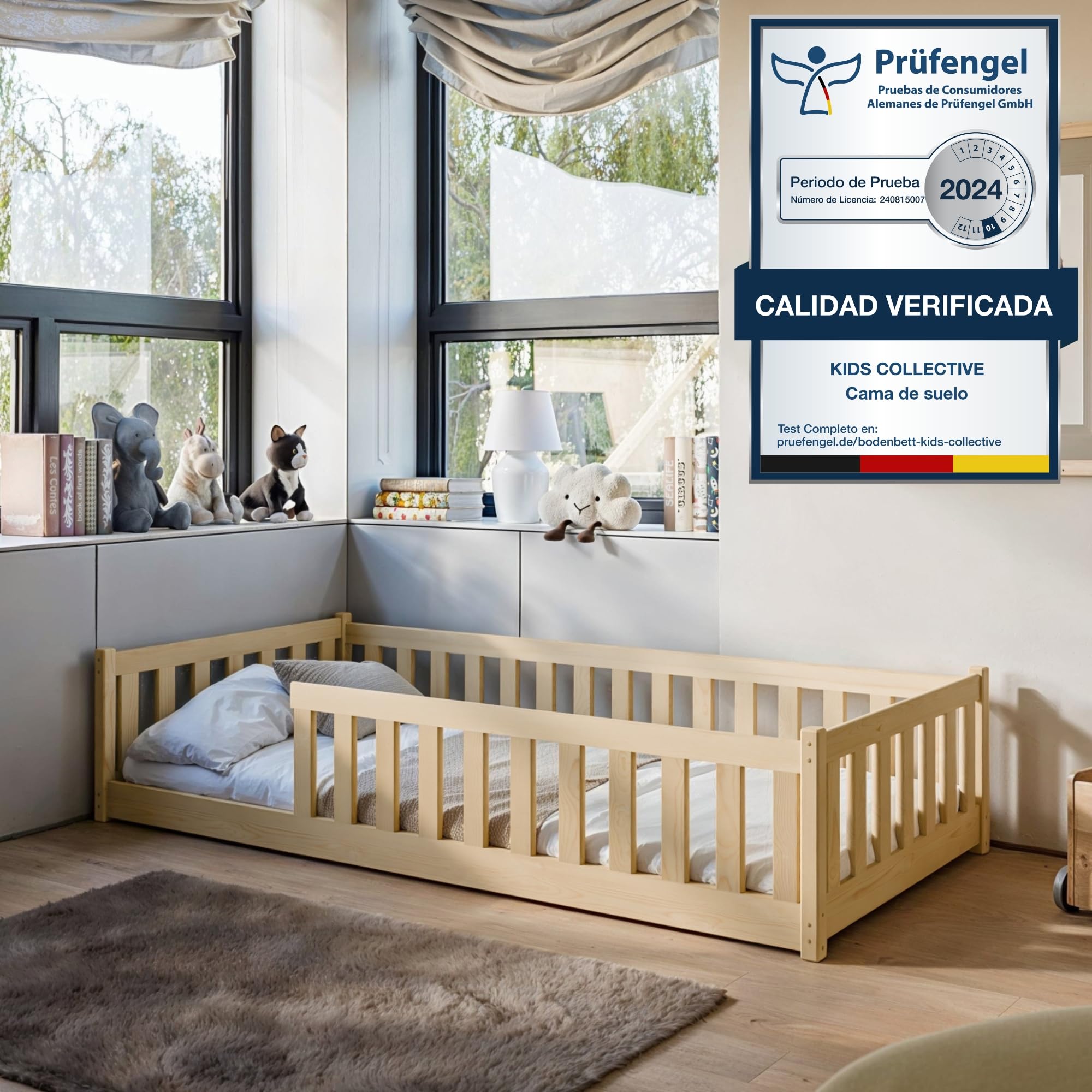 Kids Collective Cama Infantil de Suelo de 90x190 cm con protección anticaídas y somier, Cama Montessori, Cuna Infantil, Cama Juvenil, Cama Individual | Natural