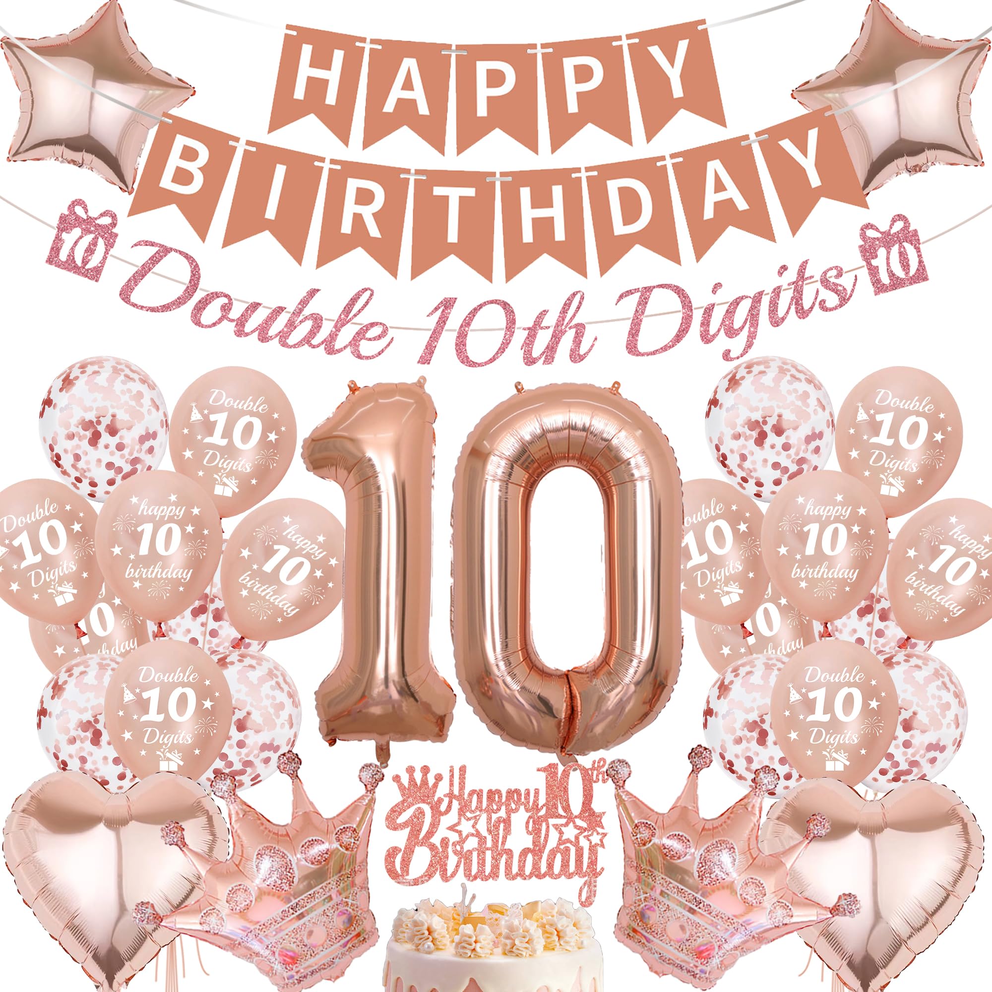 10th Birthday Decorations Girls Set - 31 Pcs Double Digits Party Decoration With Banners Heart Star Number 10 Foil Balloon Latex Balloons Cake Topper for 12 Years Old Birthday Party Supplies