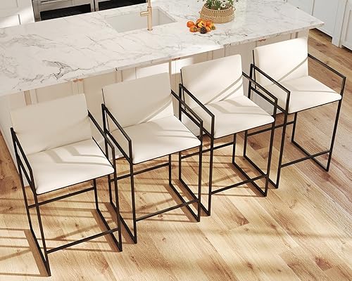 Miniatura 6 de Modern Gold - Juego de 2 taburetes de bar tapizados de piel sintética de 25.5 pulgadas con respaldo y reposabrazos, sillas de mostrador para isla de