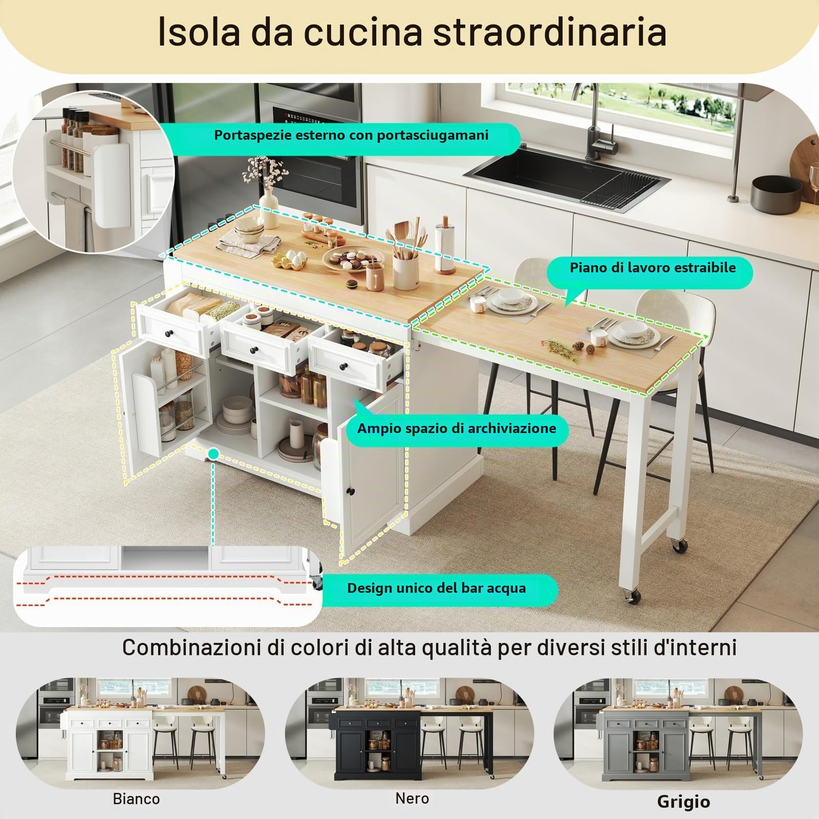 YEHTOKHOME Isola centrale cucina con spazio di lavoro 112-188 cm