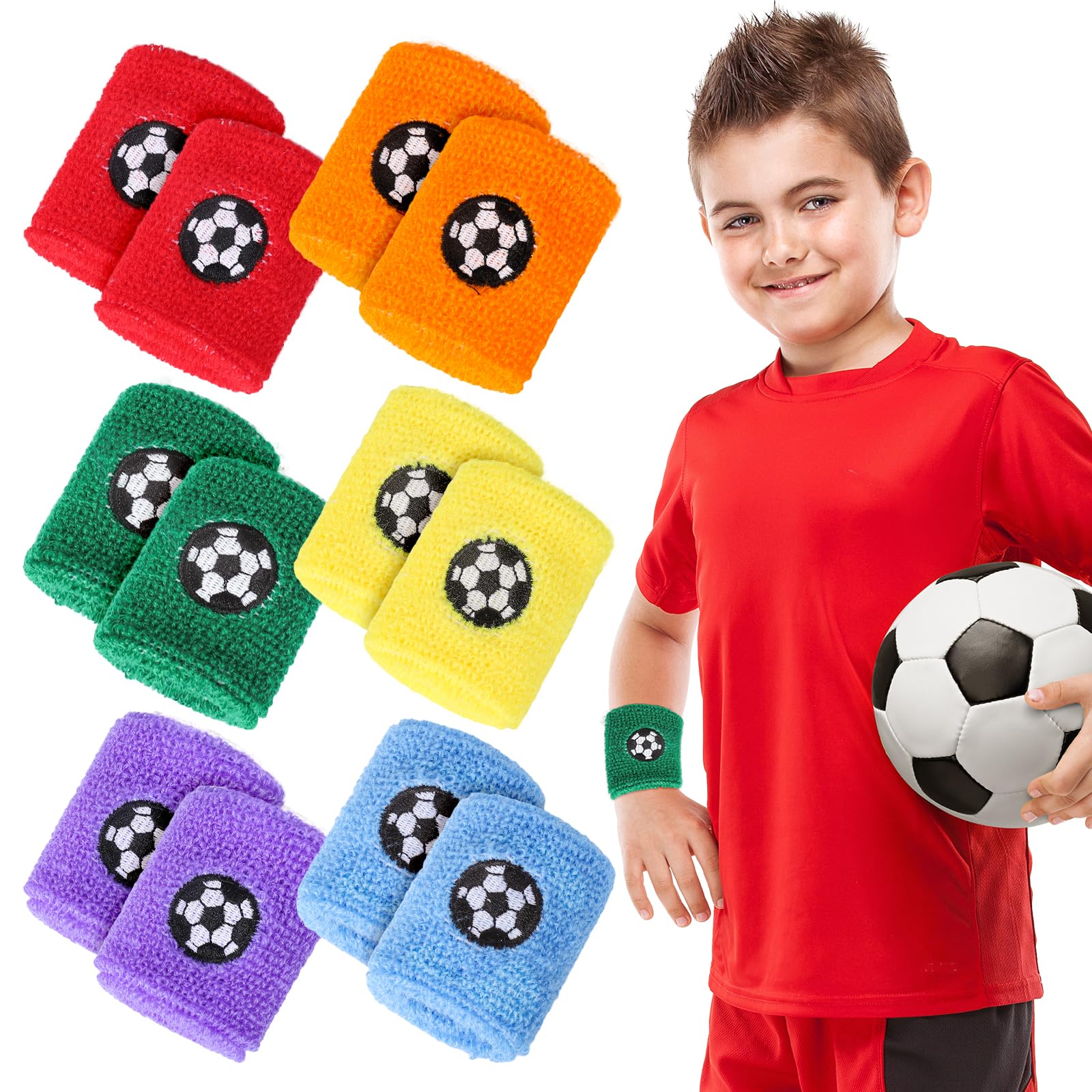 JarThenaAMCS 24Pcs Sports Wristbands for Kids Soccer Pattern Wrist Sweatbands 6 Colors Terry Cloth Athletic Wristbands for School Students Teachers Sports Birthday Party Favor Gifts