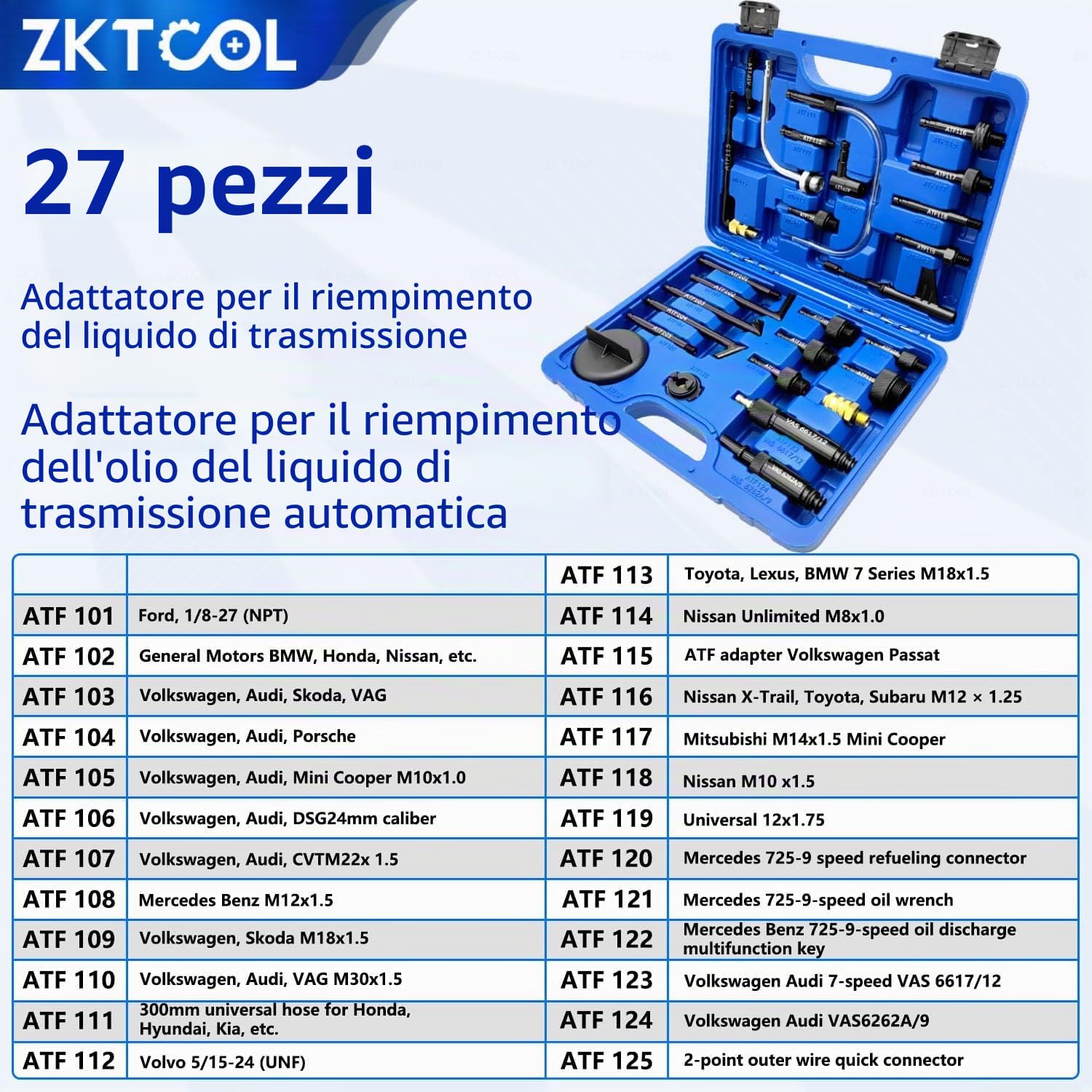 ZKTOOL 27 pezzi Kit Adattatore per Riempimento Fluido Trasmissione, Set Adattatore per Riempimento Olio Fluido Trasmissione ATF, Set di Strumenti per Connettore Riempimento Olio Cambio Automatico