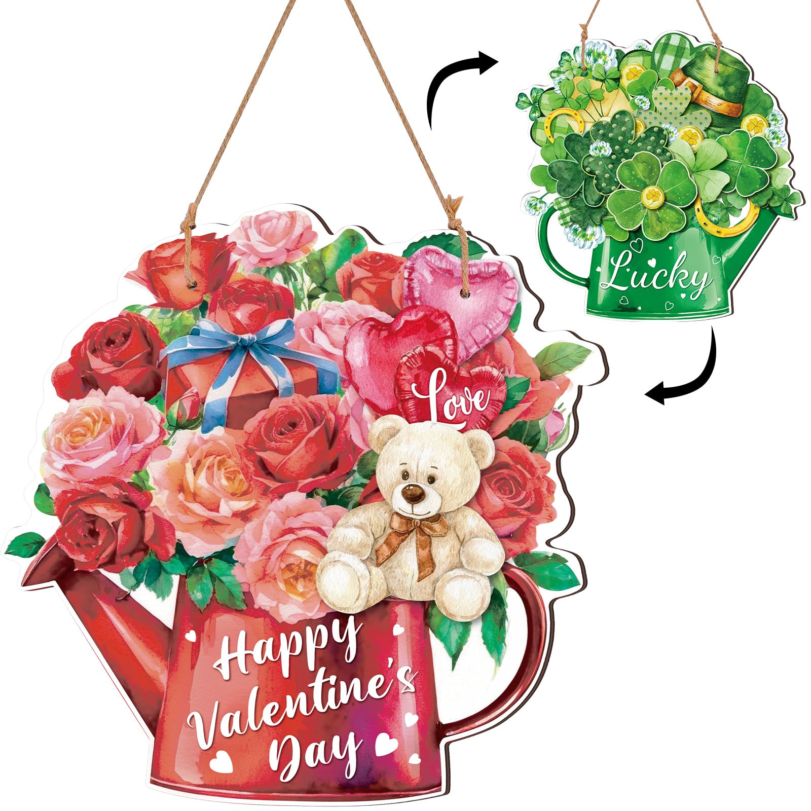 Reversible Valentines Day St Patricks Day Door Decoration Vase Valentines Day Heart Wreath Decor St Patricks Day Shamrock Decor Wooden Wall Hanging