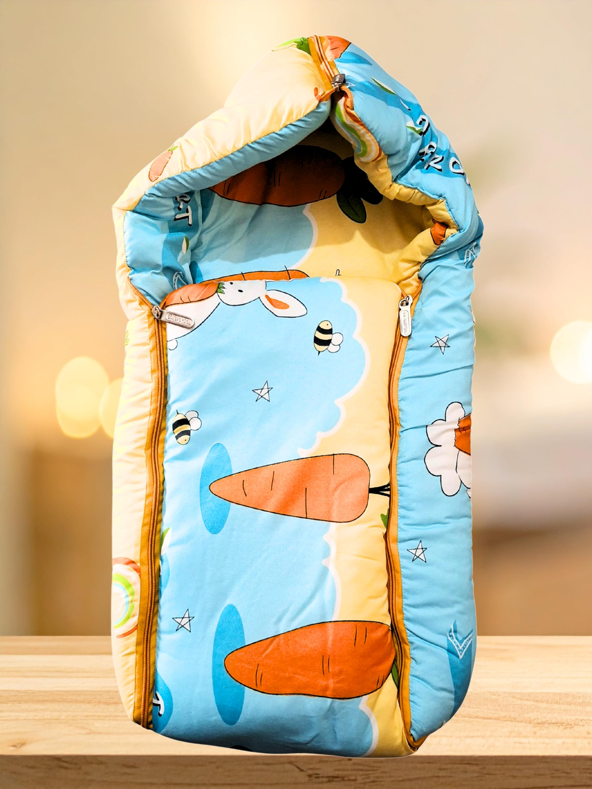 Sleeping Bag, Cute Cat Design, Beige Cotton, Hooded Nursery Sleep Sack with Zipper, Star Pattern, Infant Travel Bedding