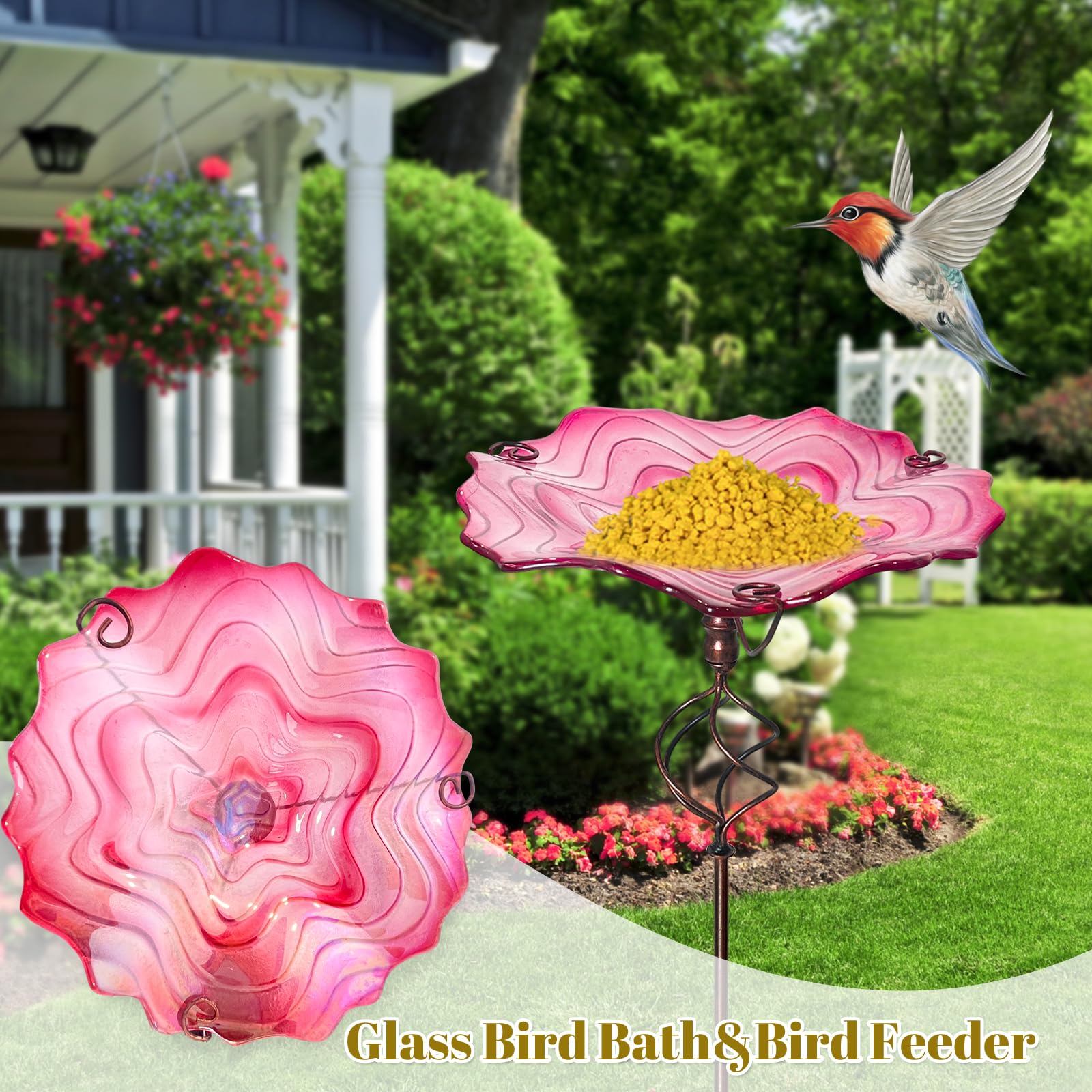 HONGLAND 81,3 cm hohe Vogeltränke für den Außenbereich, Glas-Vogeltränke, Vogelfutterstation für den Außenbereich, Blumenmuster mit Metallpfahl, Rot