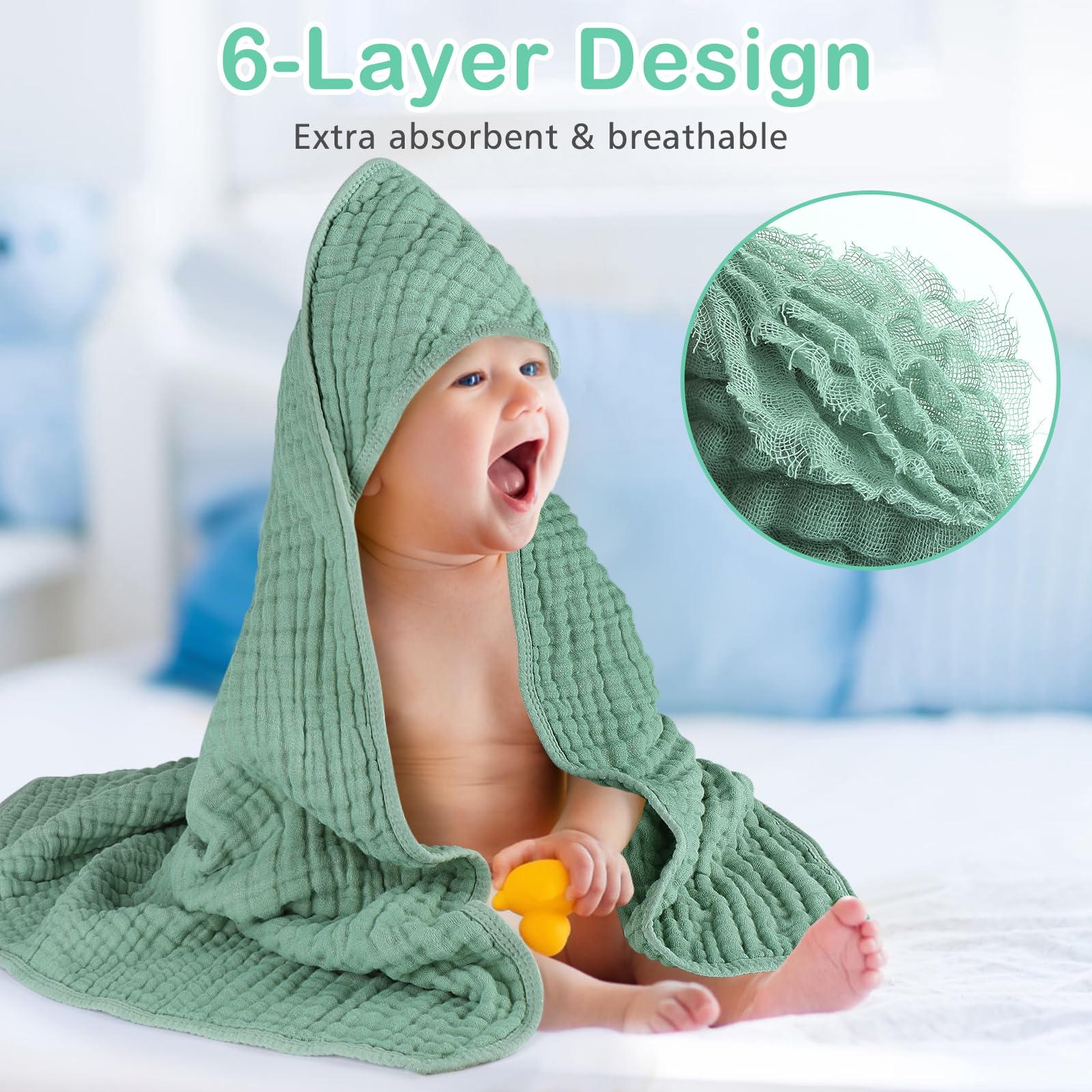 Accmor Paquete de 2 toallas con capucha para bebé, 100% muselina de algodón, toalla de baño para bebés, recién nacidos, bebés y niños pequeños, toalla de baño suave absorbente con capucha, artículos