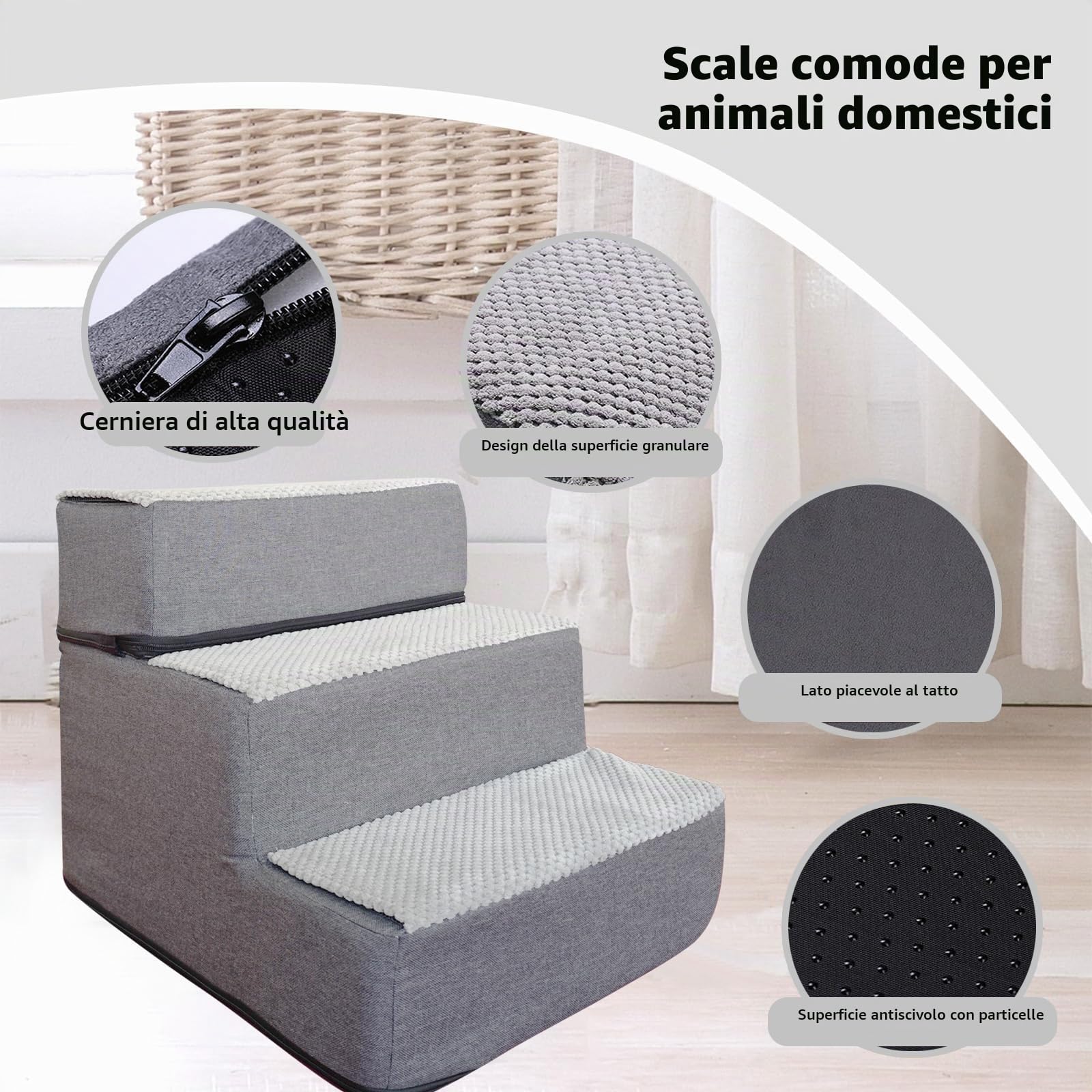 Galatée Scale Per Animali Domestici, Gradini Per Cani e Gatti Di Piccola Taglia, Rampa Antiscivolo, Scale Per Letti Alti e Divani, Fodera Lavabile Rimovibile (5 Passaggi)