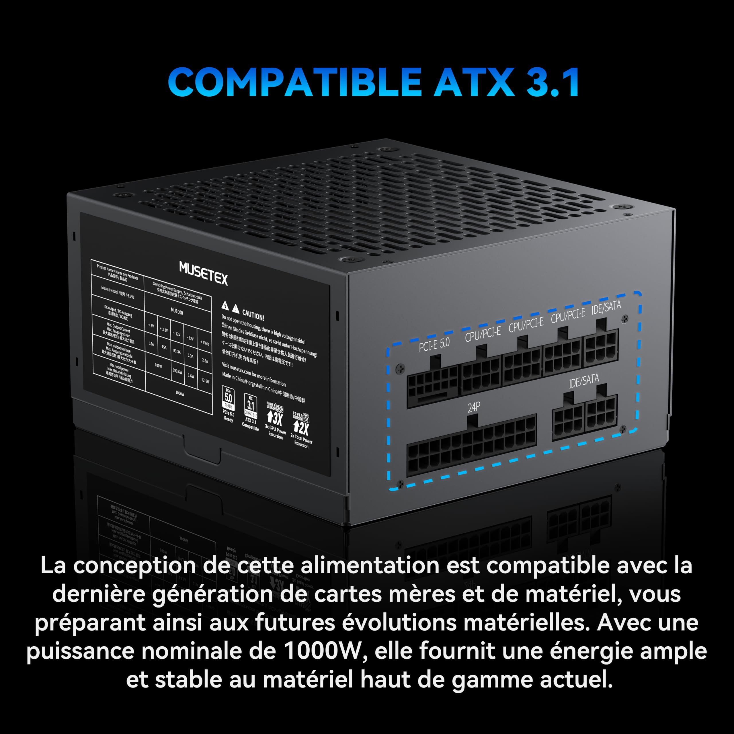 MUSETEX Alimentation PC 1000W, Alimentation ATX entièrement modulaire avec câble d'alimentation 12V-2x6, ATX 3.1 & PCIe 5.0 Alimentation Gaming, Condensateurs à 105°C, (Noir) (MU1000)