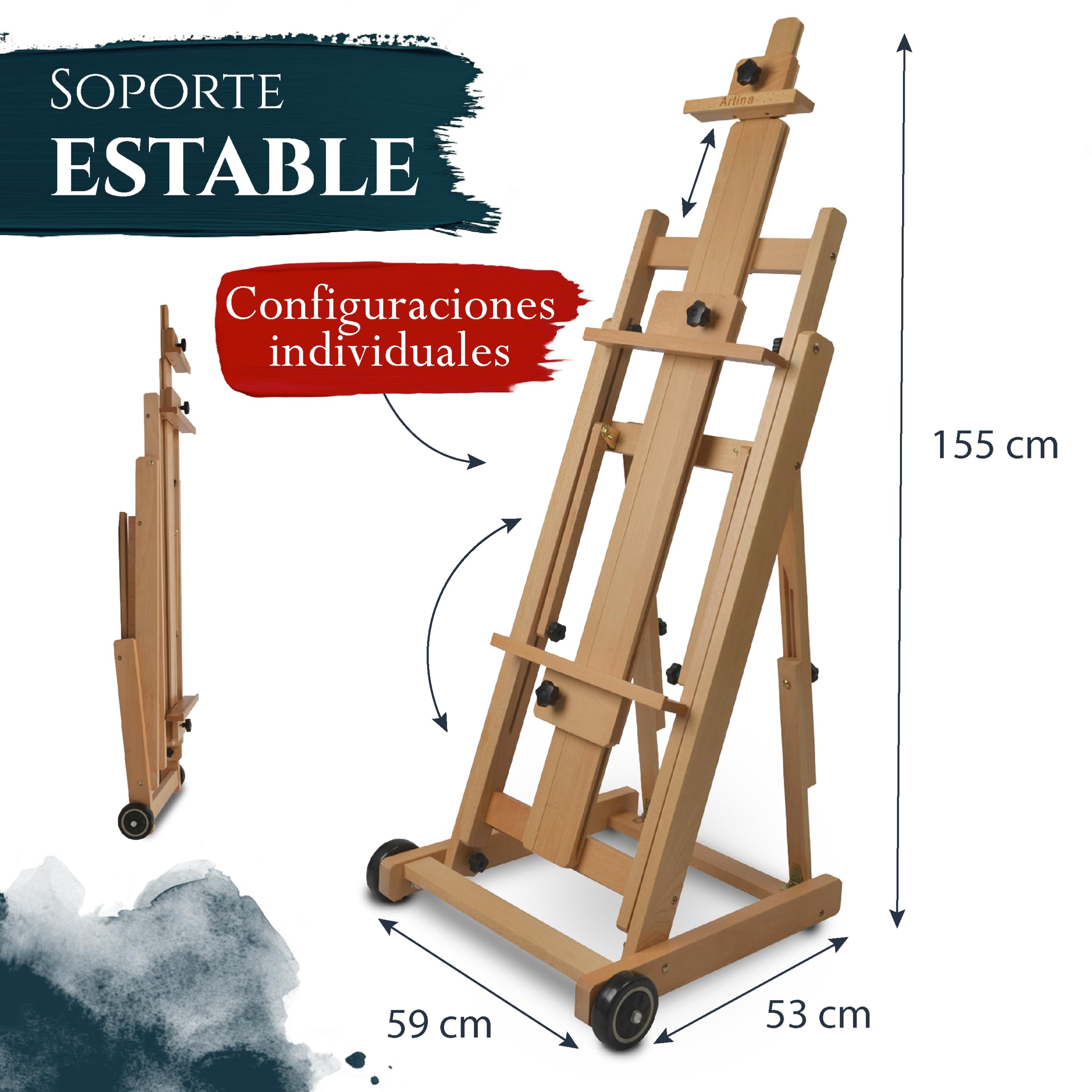 Artina caballete de pintura de estudio profesional Bordeaux – caballete plegable de madera de haya maciza - calidad profesional - transportable con ruedas | madera de haya profesional estudio caballete de alta calidad ángulo de inclinación burro Burdeos