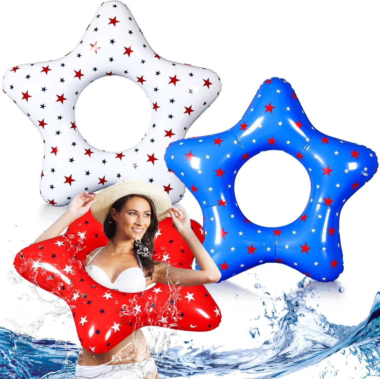 ShinyRelief 3 Pieces American Stars Inflatable Pool Floaties 35 Inch Patriotic Pool Floats Inflatable American Float Fourth of July Swim Toys for Beach Sand Party Decoration