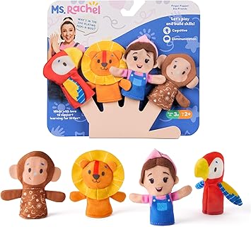 Ms. Rachel Finger Puppets Zoo Friends 4-Pack, Lion, Monkey & Parrot, Educational Toys & Animal Puppets, Toddler Toys for Girls & Boys Ages 6 Months-2+