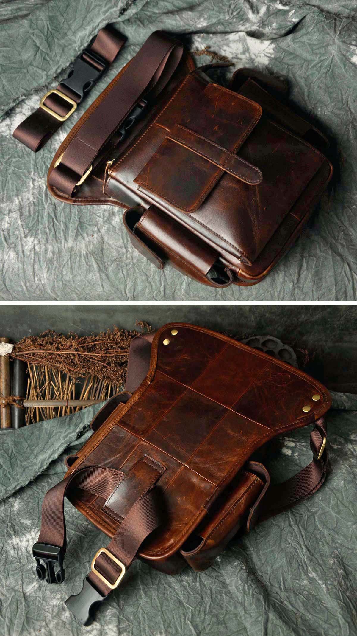 Le'aokuu Sacs en Cuir Véritable Messager Sac de Jambe Sacs à la Taille Sports Randonnée (913-5 A3 Café)
