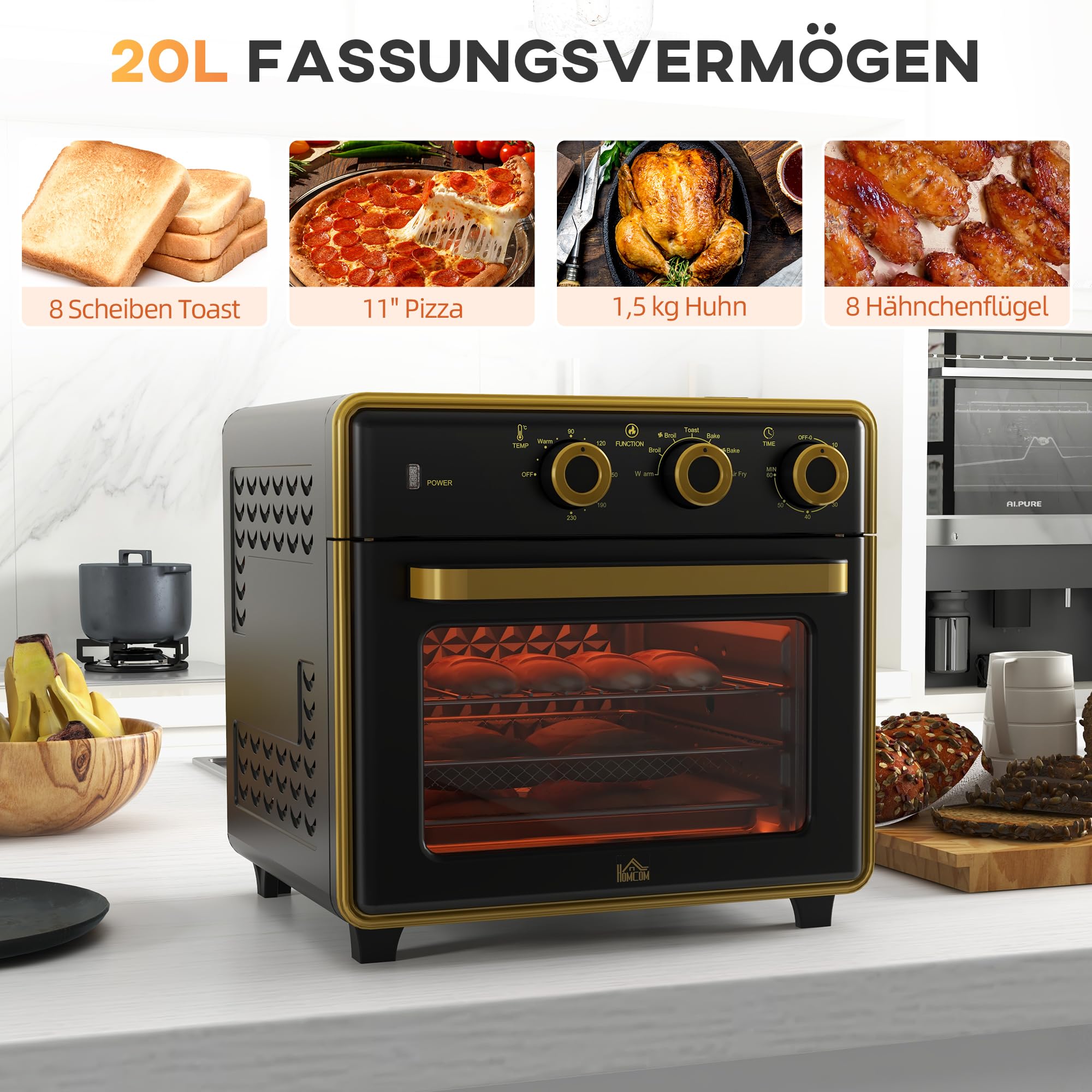 HOMCOM Minibackofen mit Umluft 20L Mini Ofen mit Backblech, Grillrost und Krümelblech, 90 °C-230 °C Heißluftfritteuse mit 5 Modi, Frittierkorb, 60 Min. Timer, 1400W, Metall