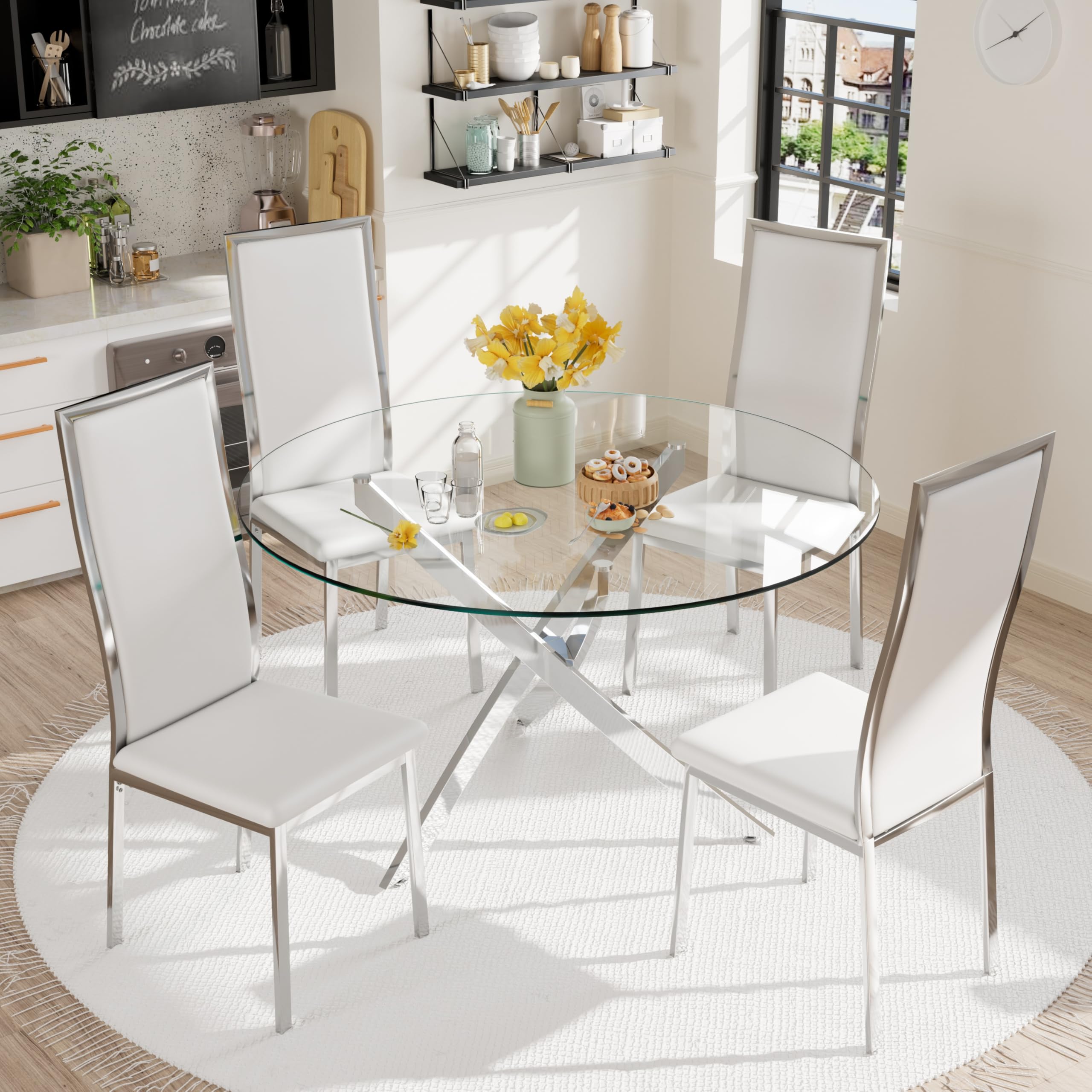 VAKTULS Modern Dining Chairs Set of 4, White Faux Leather with Chrome Silver Metal Legs, Curved High Back Design & Cloud Cushioning, Mid-Century