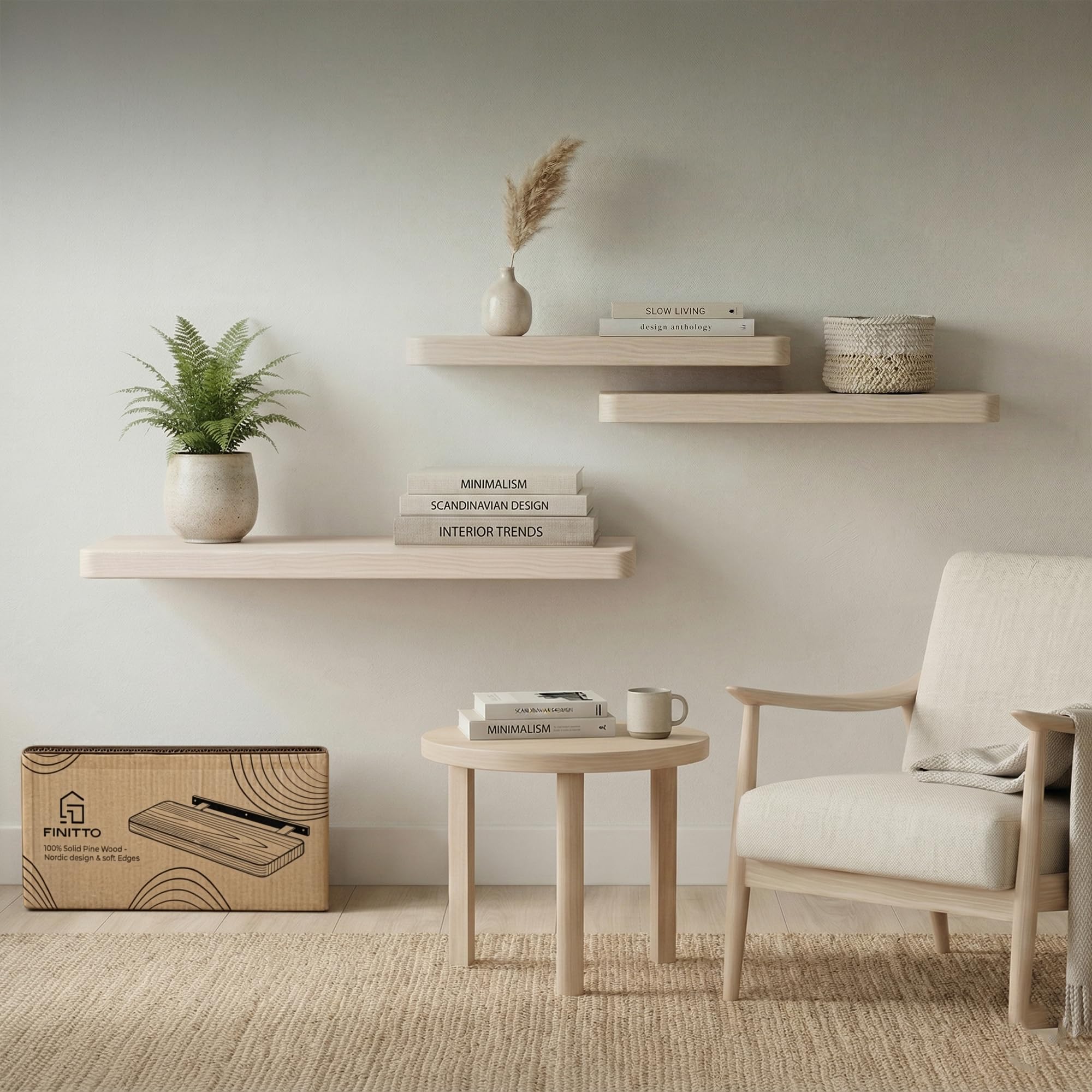 Aura | Estantería Pared de Madera Maciza | Baldas Flotantes Con Veta Vista y Bordes Redondeados | Incluye Tacos Especiales Pladur y Ladrillo | Repisas y Estantes para Baño (Blanco, 58, 2)