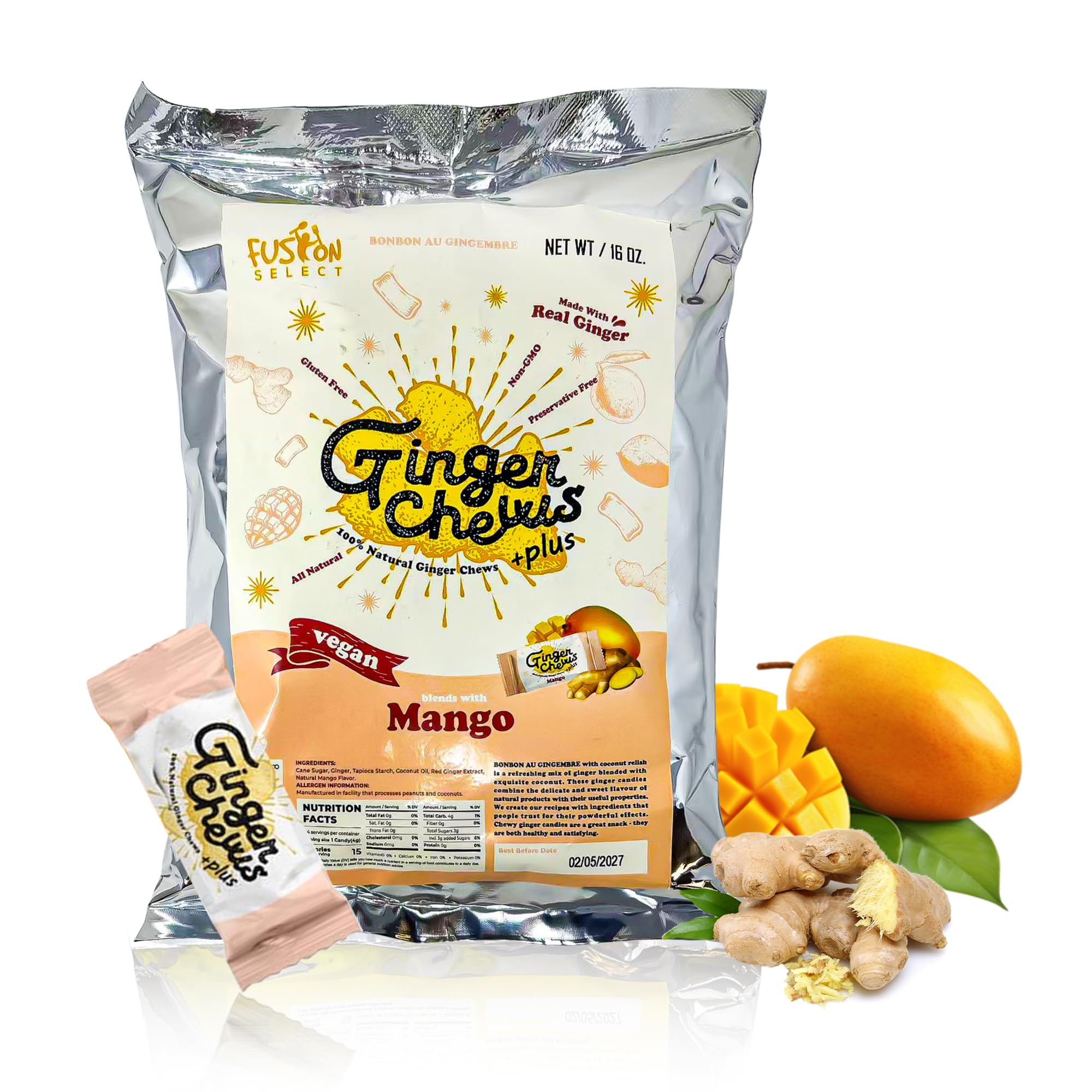 Fusion Select Ginger Chews - Sweet Soft Candied Delights From Indonesia - Promotes Relief From Morning Sickness, Upset Stomach - Made from Real Ginger