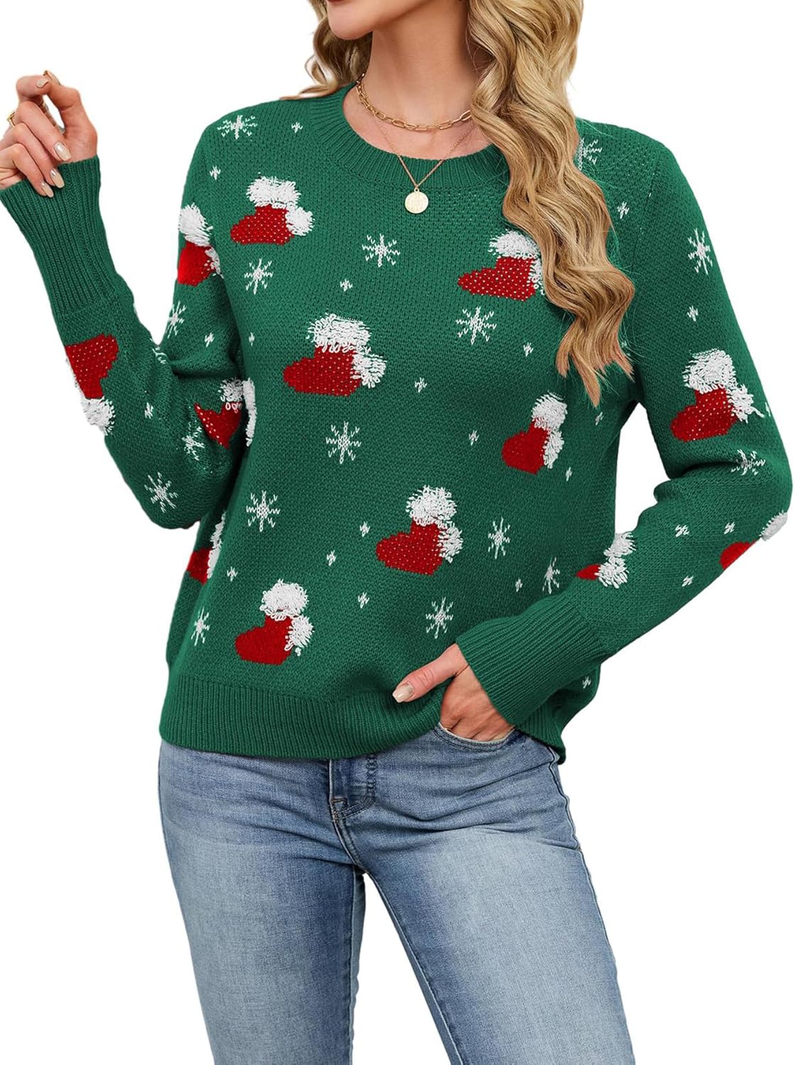 SunnyMelody Women‘s Cute Christmas Sweater, Snowflake Tree Print Knit Pullover, 2025 Cozy Funny Holiday Party Ugly Xmas Tops