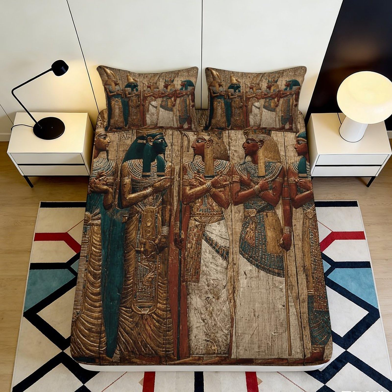 3D Printed Ancient Egyptian Wall Art Fitted Sheet Microfiber Durable Soft 3D Printed Pharaohs Bed Cover for Bedroom Dormitory Guest Room Mattress Protection 140x200x25cm