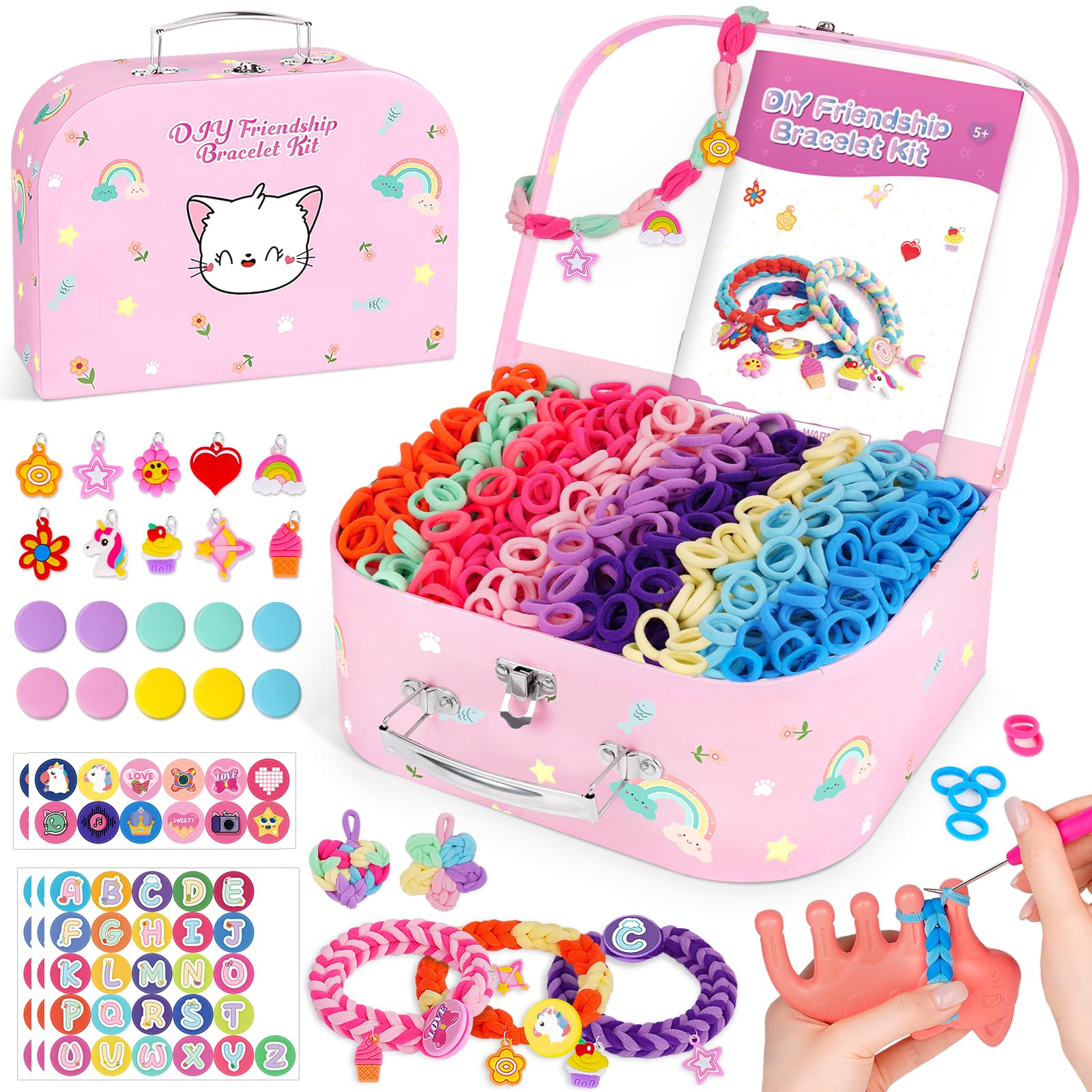 Arts and Crafts for Kids, Friendship Bracelet Making Kit Girls Birthday Presents 5 6 7 8 9 10 Year Old Girls Gifts Kids Craft Set Cotton Rainbow Loom Band Kit with Charms Toys for 5 -12 Year Old Girl