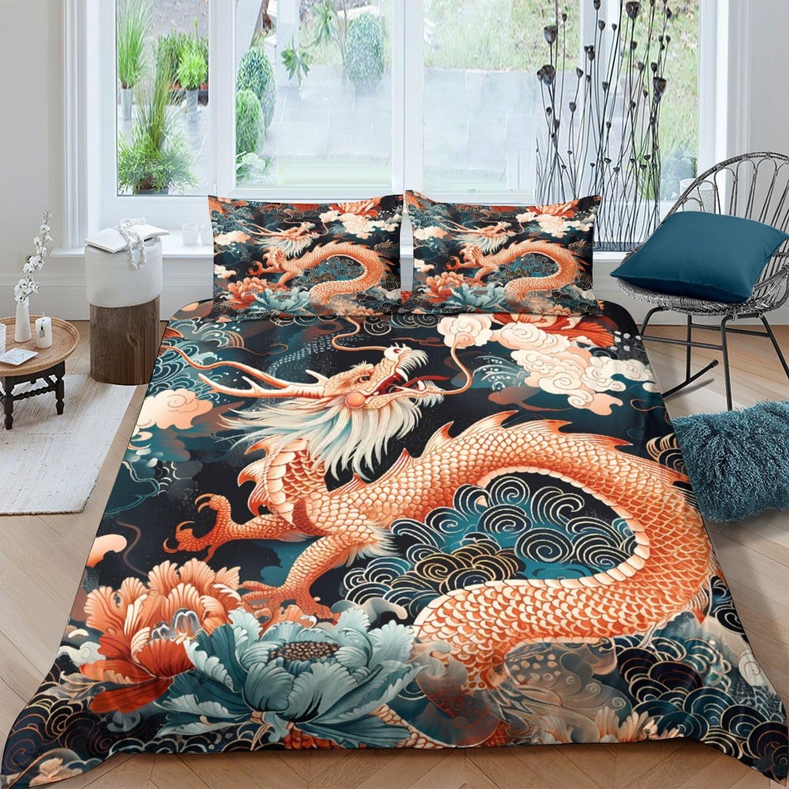 Ctjqhvkz Style-9 3D Printed Oriental Dragon Fitted Sheet Microfiber Soft Breathable Floral Lotus Bed Cover For Bedroom Dorm Decor Single（135X200cm）